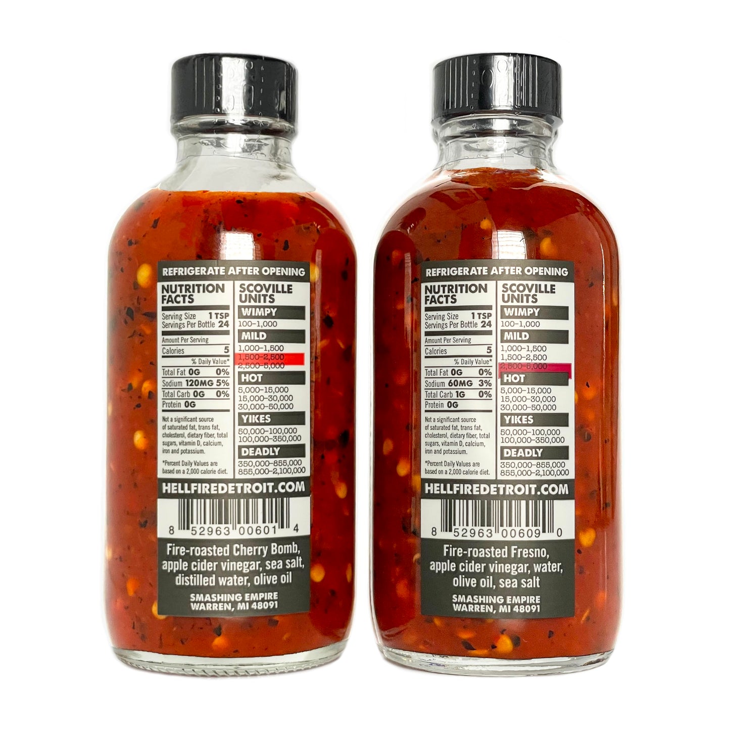 Hell Fire Detroit Cherry Bomb & Fresno Combo (Medium) Hot Sauce, Crafted with Fresh, Fire-Roasted Chile Peppers, All-Natural, Vegan, Gluten-Free, Low