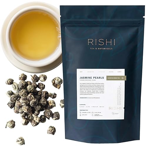 Rishi Tea Jasmine Pearls Green Tea - Caffeinated Loose Leaf, Hand-Rolled with Floral Aroma & Taste - 4 Ounces, 10+ Servings