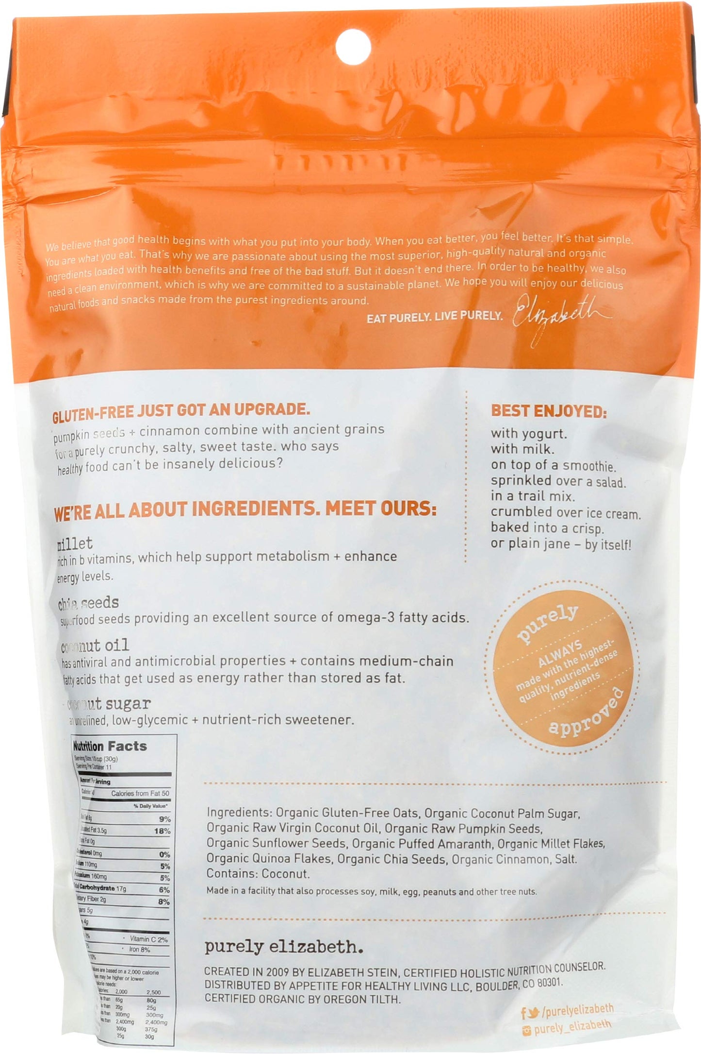 purely elizabeth. Ancient Grain Granola - Gluten-Free, Vegan & Non-GMO | Certified Organic | Baked with Coconut Oil | Pumpkin Cinnamon - 12oz