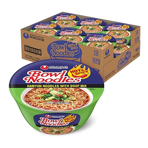 Nongshim Ramen Noodles, Gourmet Instant Ramen bowl, Premium Microwavable Noodle Soup, Hot & Spicy, 3.03 Ounce (Pack of 12)
