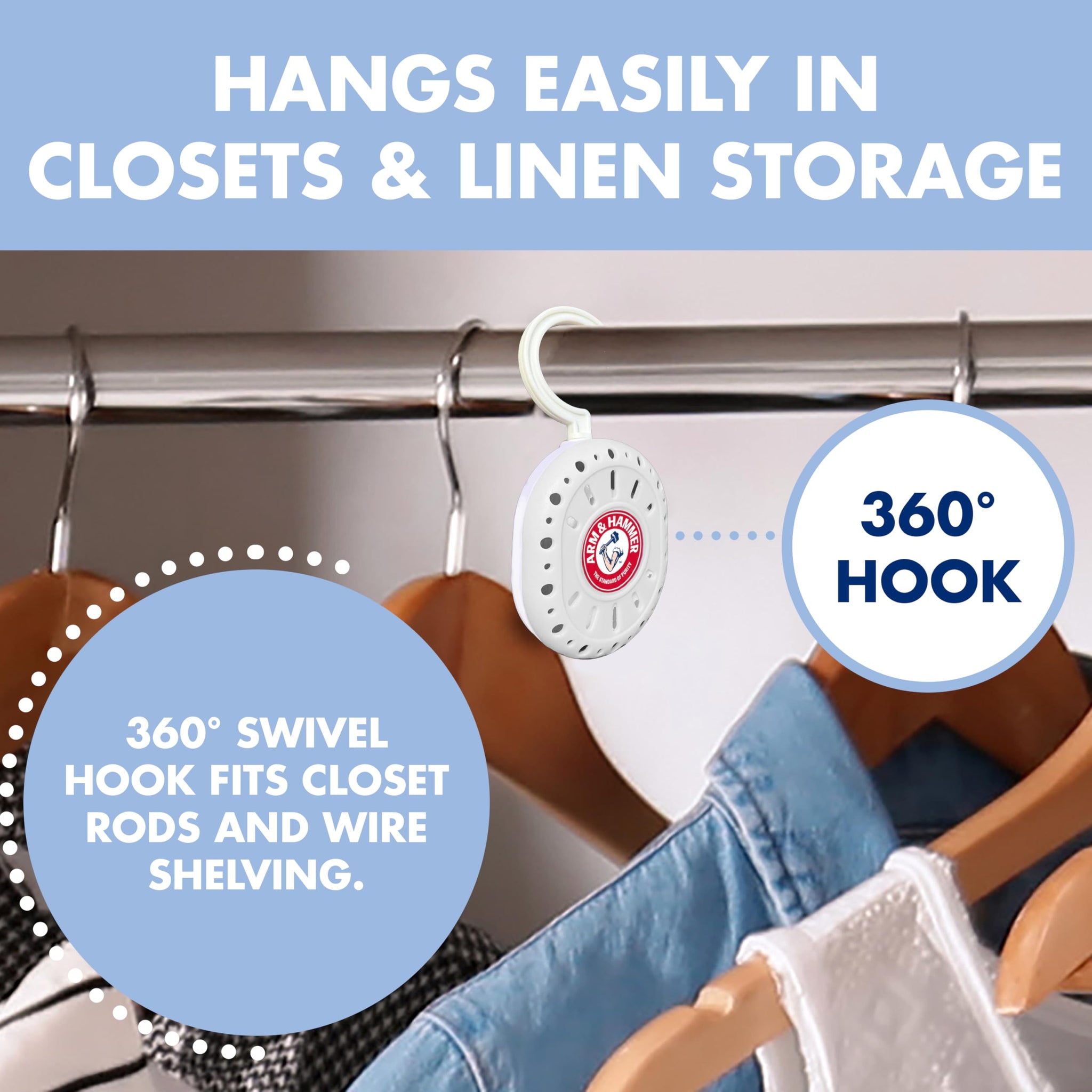 Arm & Hammer OdorBusterz ClosetMATE™, White Linen, 4 Count - Hanging Odor Absorber with Baking Soda, 360° Rotating Hook for Closets, Lockers & Storage