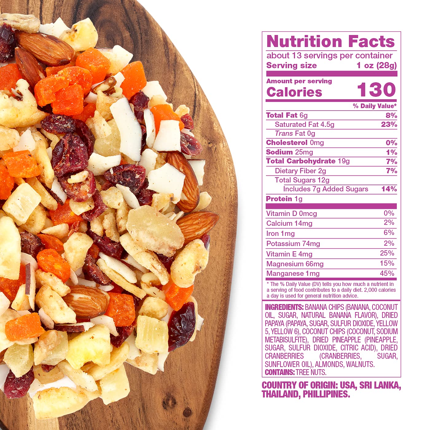 Sunkist® Energy Boost Trail Mix - Fruit and Nut Mix, Low Sodium, Gluten Free Snack with Papaya, Walnuts, Coconut, Almonds, Banana Chips, Cranberries