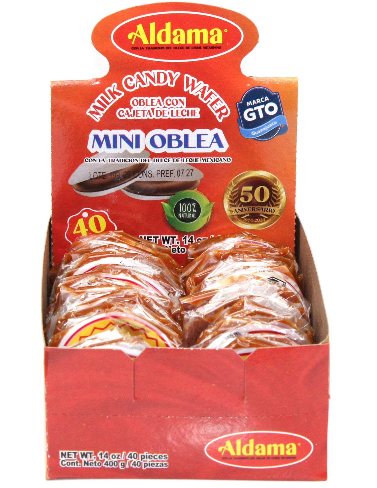 Aldama Mini Oblea Milk Candy Wafer with Cajeta de Leche, 100% Natural, 14 oz, 40 Pieces