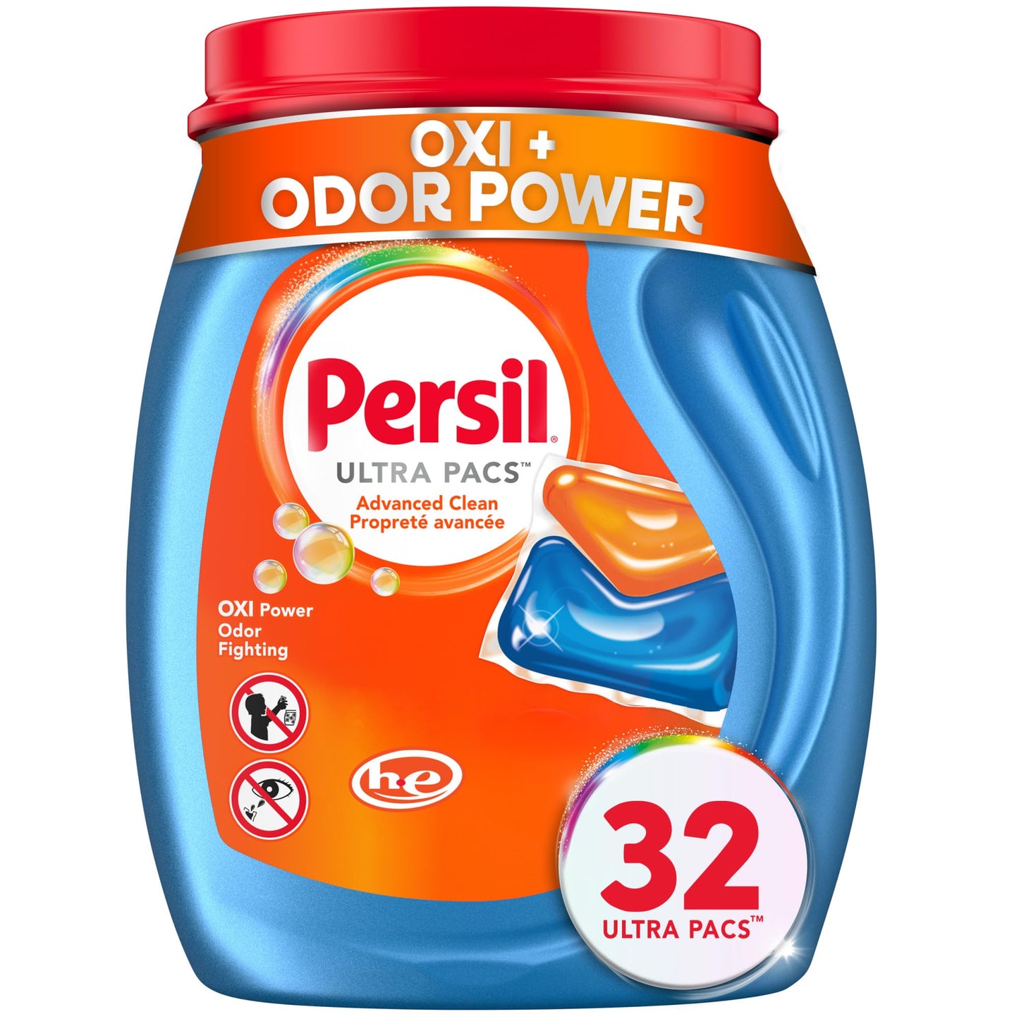 Persil Ultra Pacs Advanced Clean Oxi+Odor Power Laundry Detergent, 32 Count, No Mess, Single-Dose Laundry Soap, Fights Tough Stains & Odors, All Water