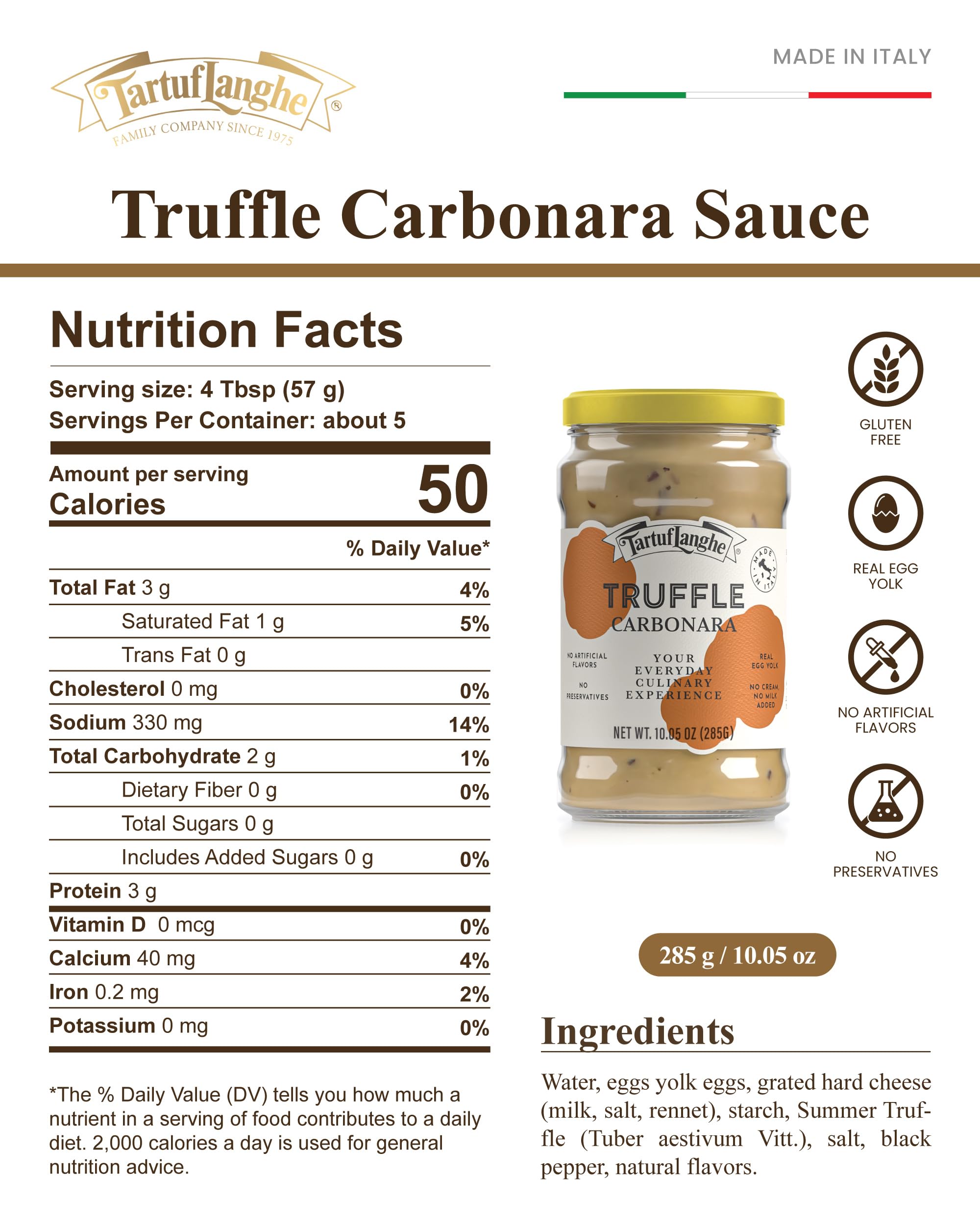 TartufLanghe Black Truffle Carbonara Sauce - Creamy Pasta Sauce with Egg Yolk, Cheese, and Summer Black Truffle from Italy, Authentic Italian Food, No