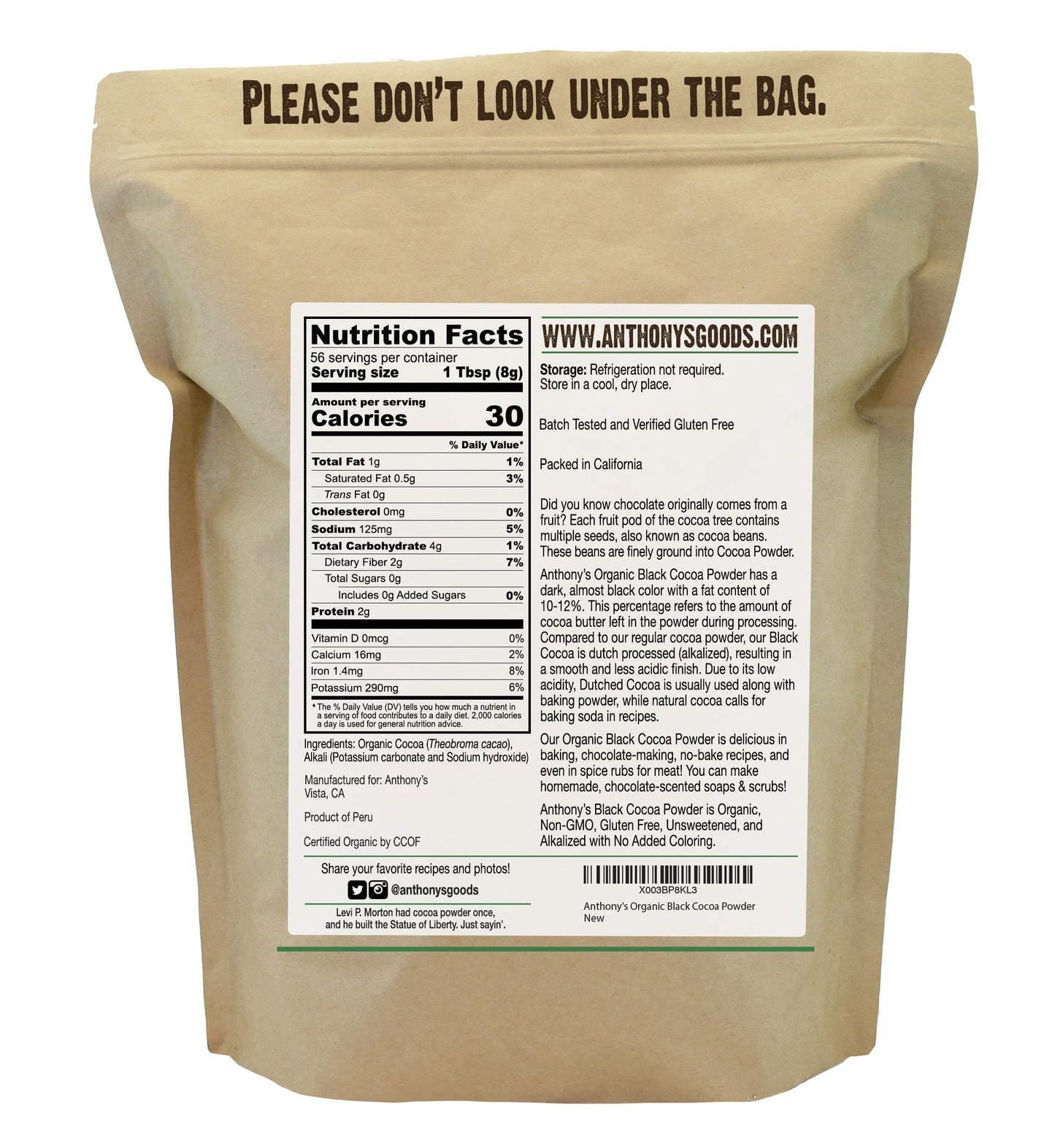 Anthony's Organic Black Cocoa Powder, 1 lb, Unsweetened, Dutch Processed, Gluten Free, Non GMO
