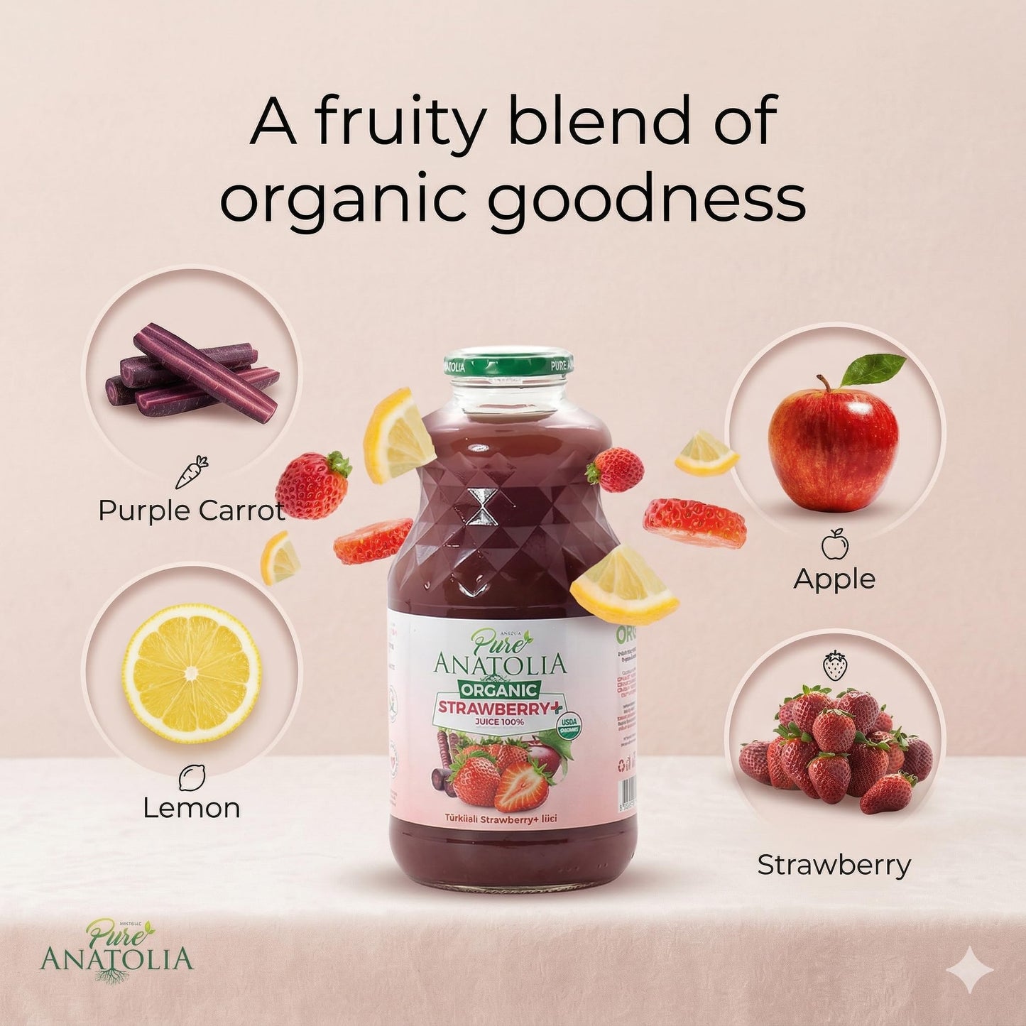 Pure Anatolia Organic Strawberry Juice Detox Blend 32 fl oz - Natural Juice with Apple, Lemon & Carrot - Organic Drink With No Preservatives and Sugar