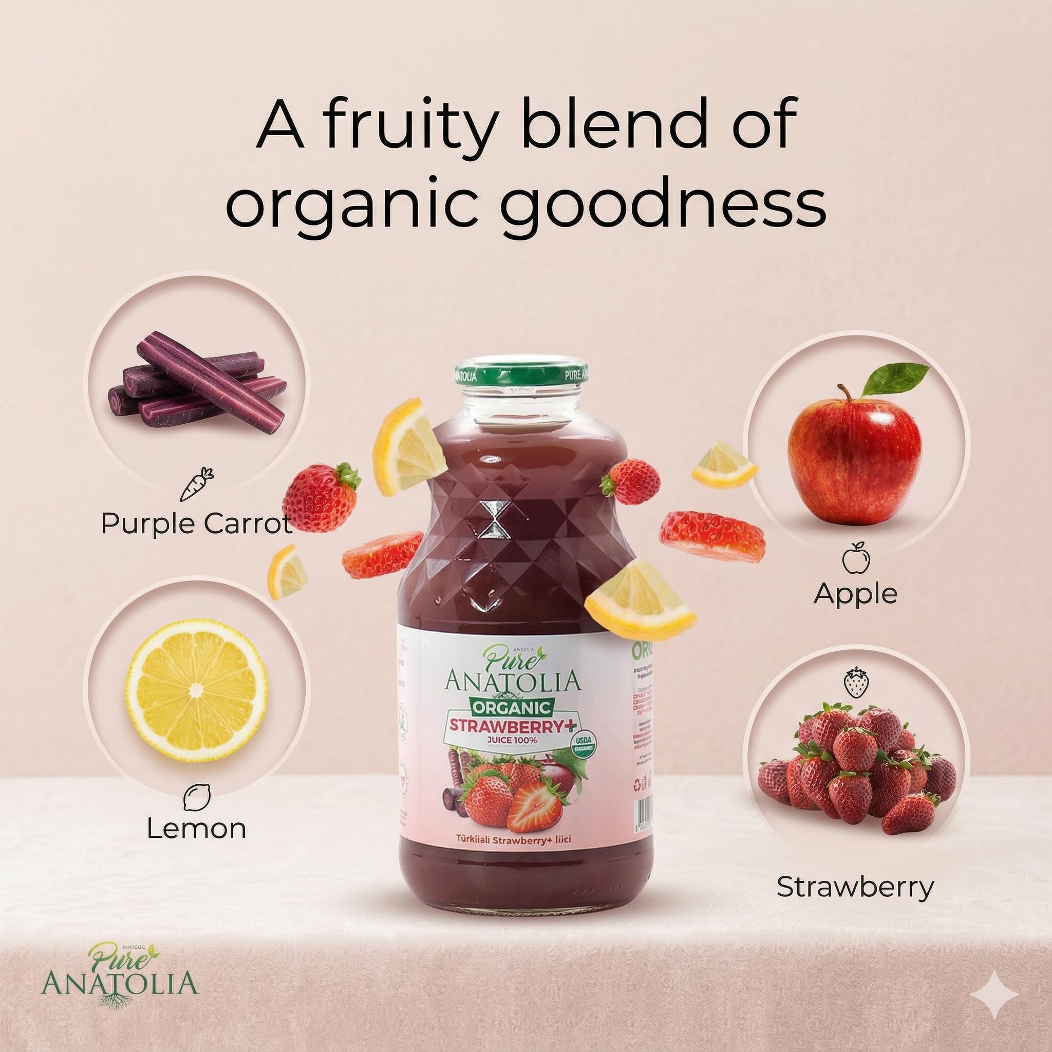 Pure Anatolia Organic Strawberry Juice Detox Blend 32 fl oz - Natural Juice with Apple, Lemon & Carrot - Organic Drink With No Preservatives and Sugar