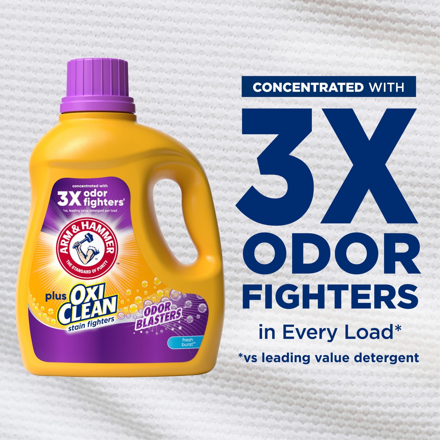 ARM & HAMMER Plus OxiClean with Odor Blasters Liquid Laundry Detergent, Laundry Odor Remover, Attacks Stains, Fresh Burst Scent, 74 Loads, 96.2 Fl Oz