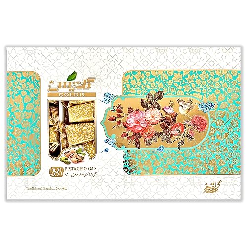 GOALDEES Persian Nougat Gaz - Traditional Sweet with 28% Pistachios, Halal Candy, Soft & Chewy Natural Treat, 350g