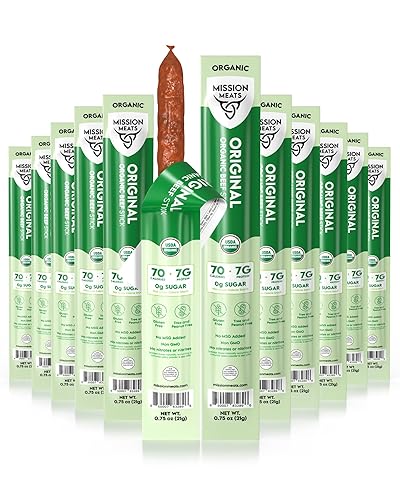 Mission Meats Organic Beef Sticks - Grass Fed & Pasture-Raised, Zero Sugar, Non-GMO, Healthy Organic Snacks, Individually Wrapped Meat Sticks, 0.75oz
