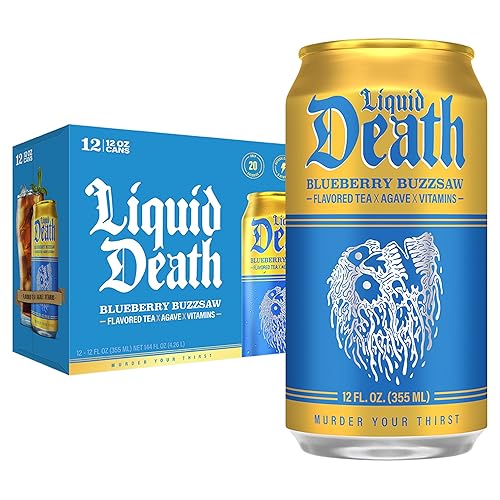 Liquid Death Iced Tea - Blueberry Buzzsaw (Blueberry-Flavored Black Tea), Less Sugar*, Boost of Caffeine, B Vitamins, No Artificial Sweeteners, 12 Fl