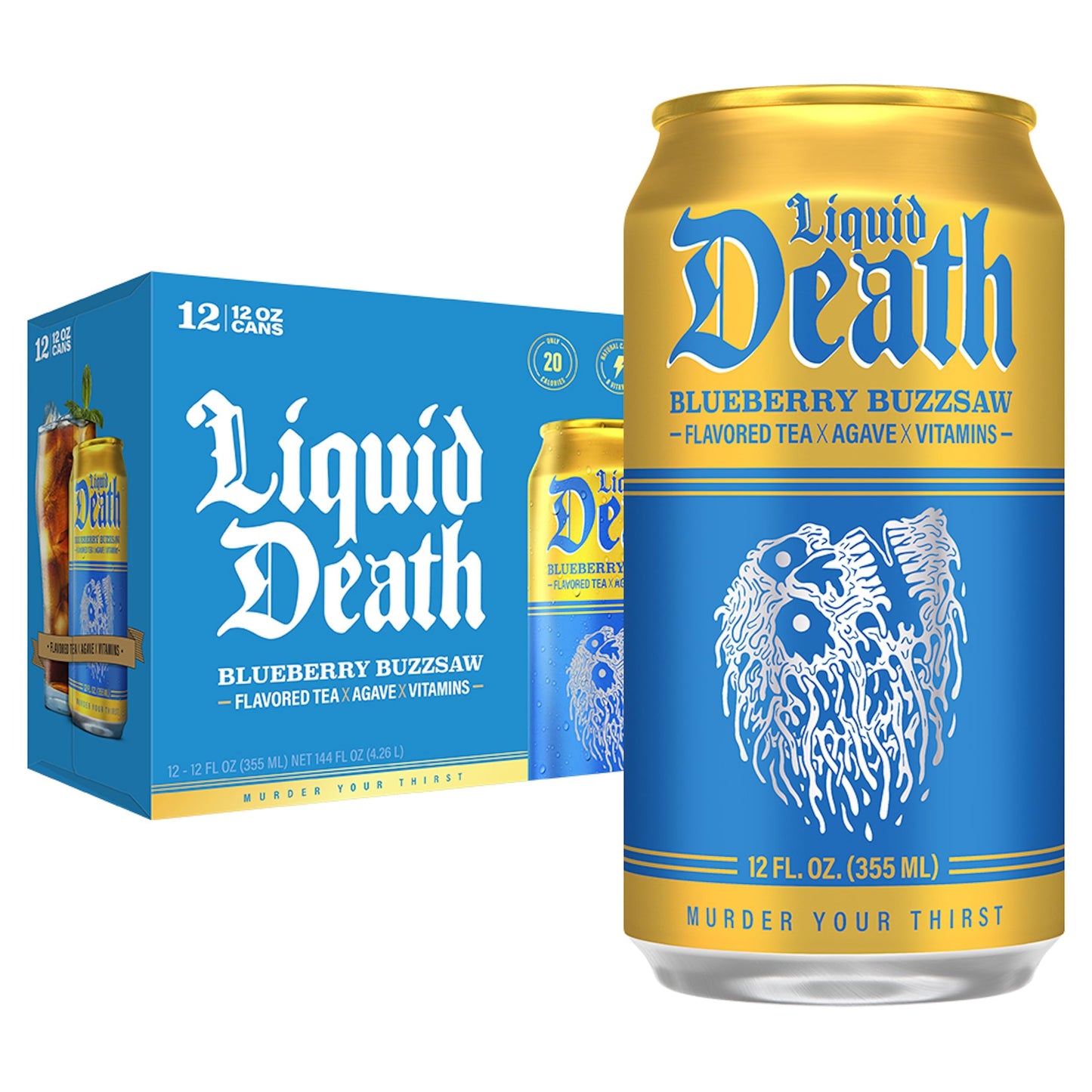Liquid Death Iced Tea - Blueberry Buzzsaw (Blueberry-Flavored Black Tea), Less Sugar*, Boost of Caffeine, B Vitamins, No Artificial Sweeteners, 12 Fl