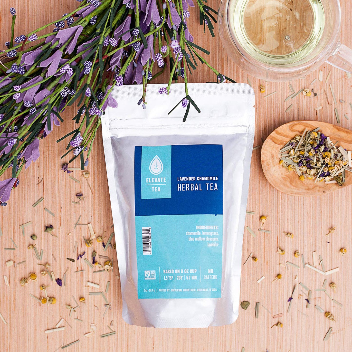 Elevate Lavender Chamomile Loose Leaf Herbal Tea - Caffeine Free, 2 oz Pouch - 25 Cups, Hot & Iced