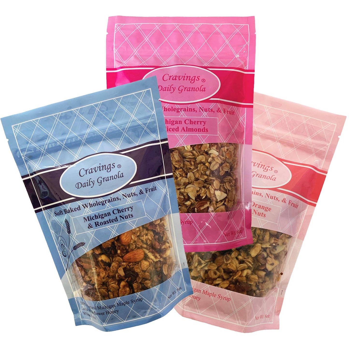 Cravings Daily Granola Variety- 3 Pack- Michigan Cherry & Roasted Nuts, Cranberry, Orange & Roasted Nut and Michigan Cherry & Sliced Almond