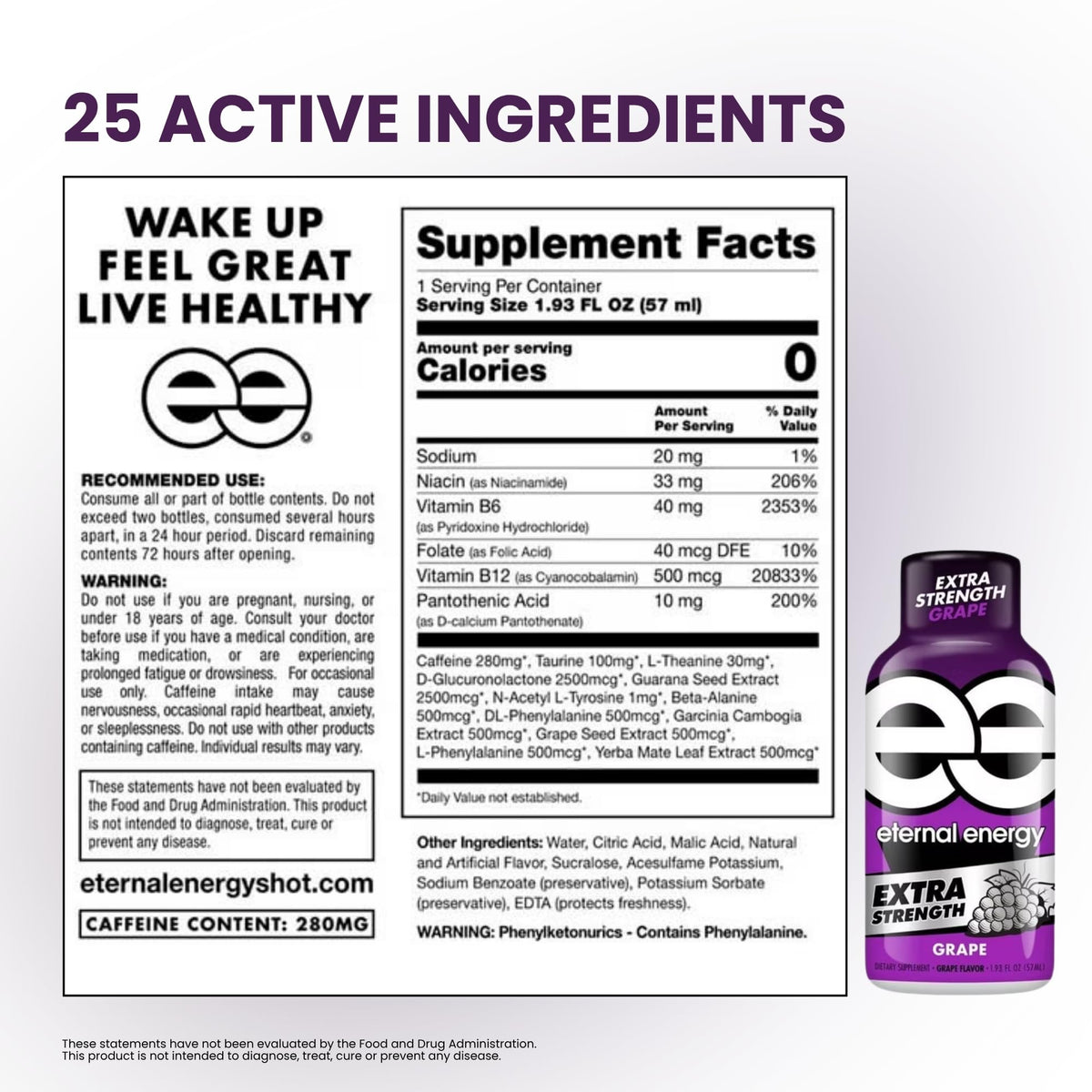 EE Eternal Energy Extra Strength Grape Energy Shot, 280mg Caffeine, 36 Pack
