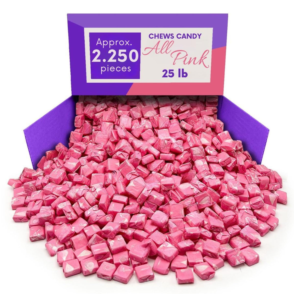 Chewy Fruit Candy Squares All Pink Strawberry Flavor Bulk Bag - 25 lb (Approx. 2250 pieces)