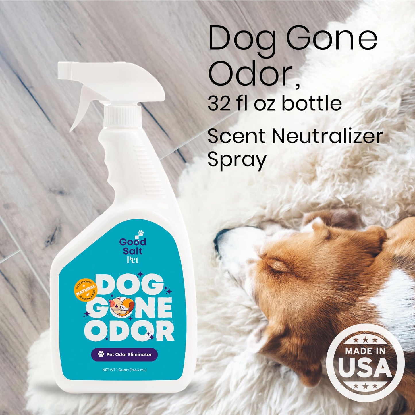 Good Salt Pet Dog Gone Odor, Natural & Fragrance Free Scent Neutralizer Spray, Made in the USA, 32 Ounce Bottle