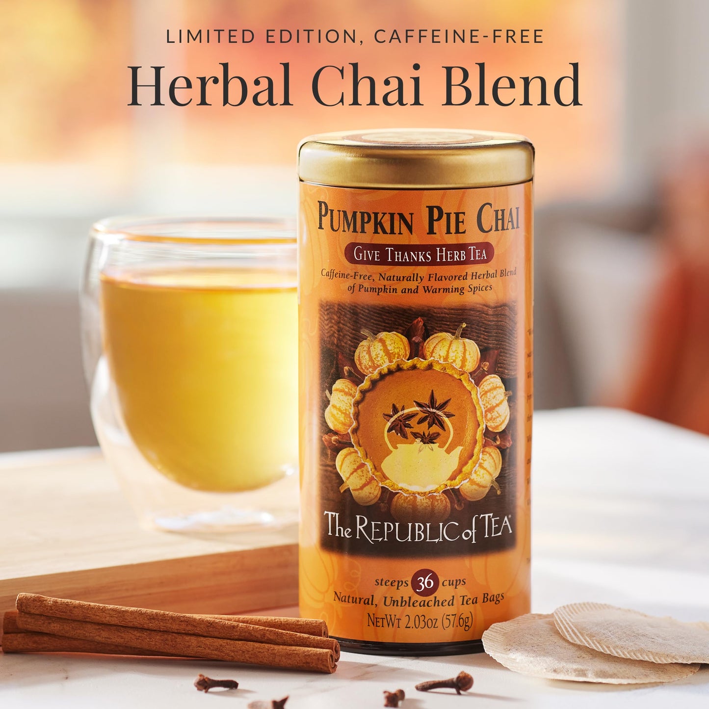 The Republic of Tea - Pumpkin Pie Chai Herbal Tea Tin, 36 Naturally Caffeine-Free Tea Bags