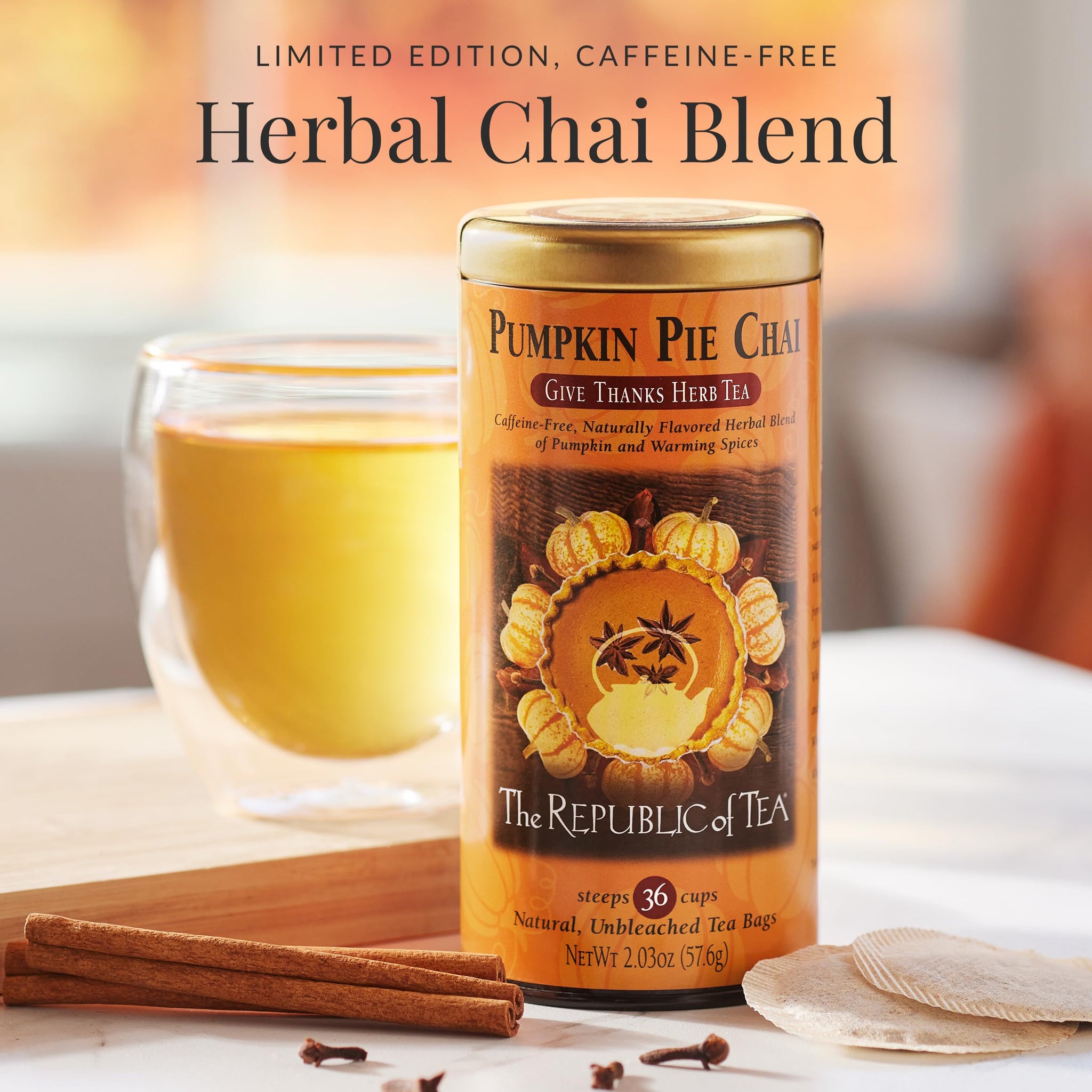 The Republic of Tea - Pumpkin Pie Chai Herbal Tea Tin, 36 Naturally Caffeine-Free Tea Bags