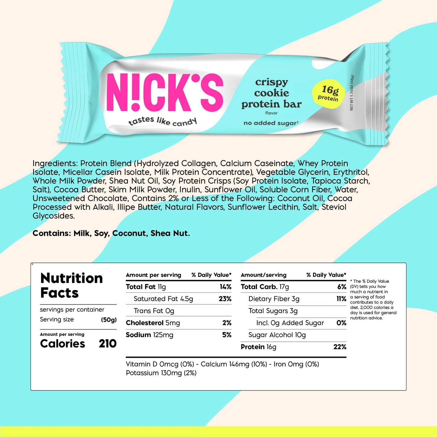 N!CK'S Protein Bars Crispy Cookie Chocolate - 12-Count Box | High Protein, Low Calories, Low Carbs, Keto Friendly, No Added Sugar (12 bars x 50g)