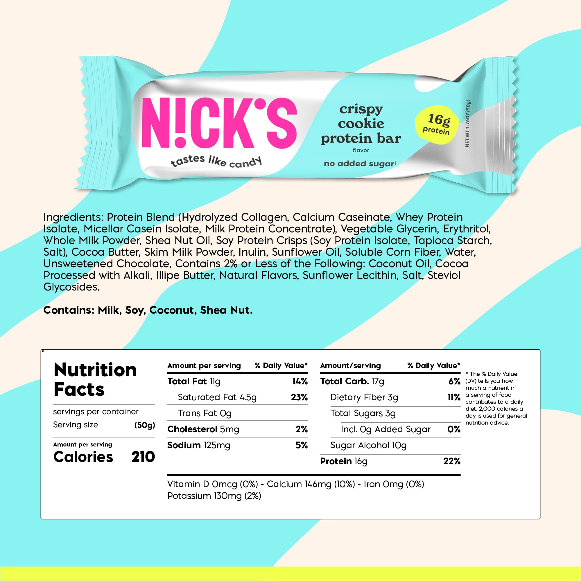N!CK'S Protein Bars Crispy Cookie Chocolate - 12-Count Box | High Protein, Low Calories, Low Carbs, Keto Friendly, No Added Sugar (12 bars x 50g)