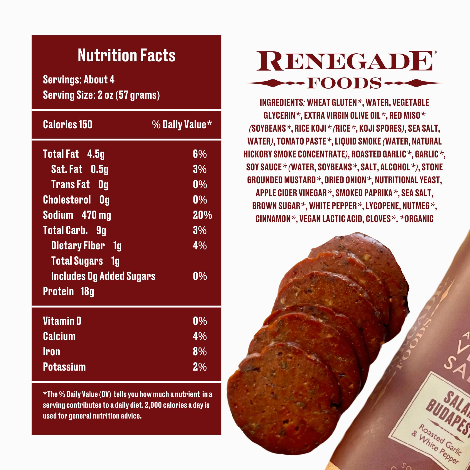 Renegade Foods Artisan Vegan Salami | 3 Pack | Budapesti | High Protein, Low Sugar, Seitan, Non-GMO | Indulge European-Style Plant-Based Food