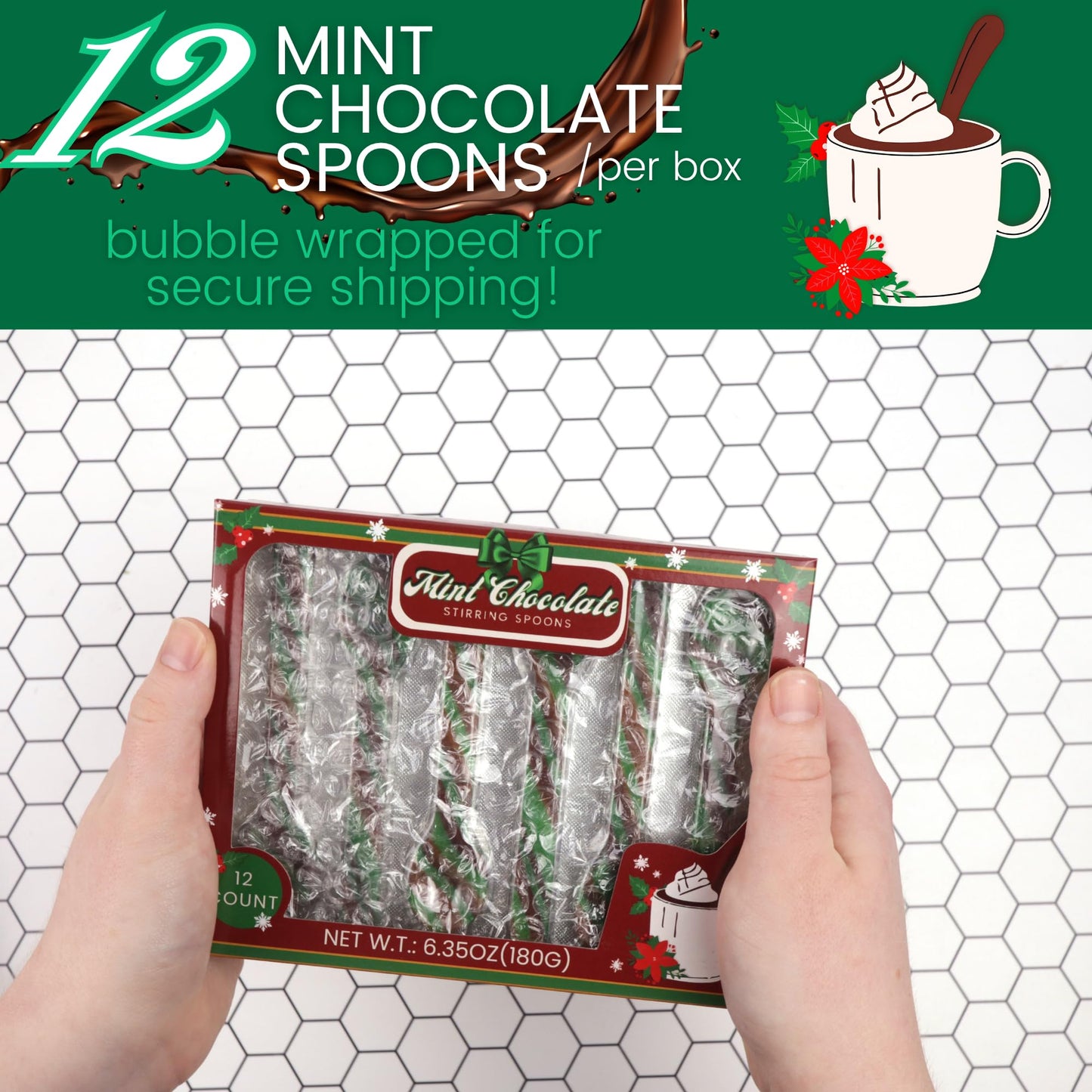Mint Chocolate Candy Spoons, Hot Cocoa and Coffee Stir Sticks, Christmas Stocking Stuffers 36 Total Pieces (Pack of 3)