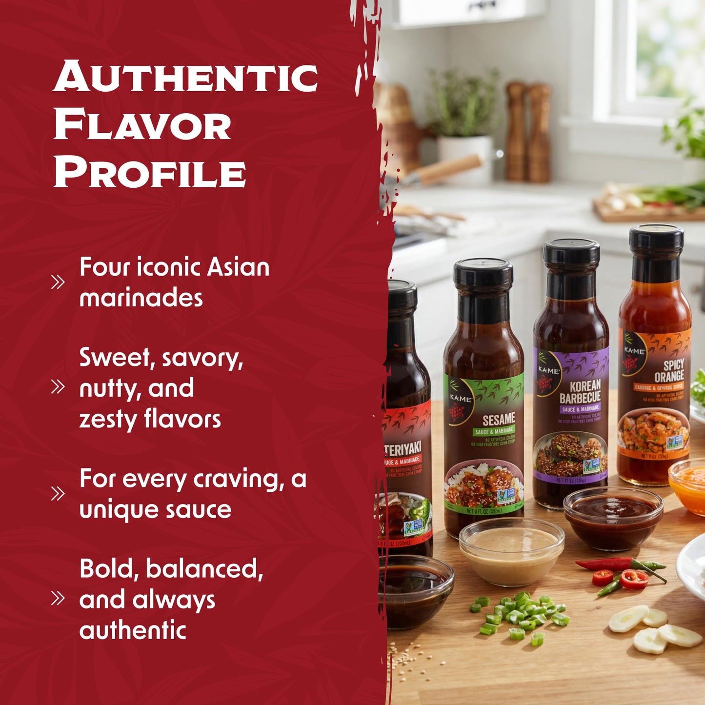 KA-ME Authentic Asian Marinade Sauce Variety Pack - Teriyaki, Sesame, Korean Barbecue, Spicy Orange - Asian BBQ & Grilling Sauce Bundle - Non-GMO
