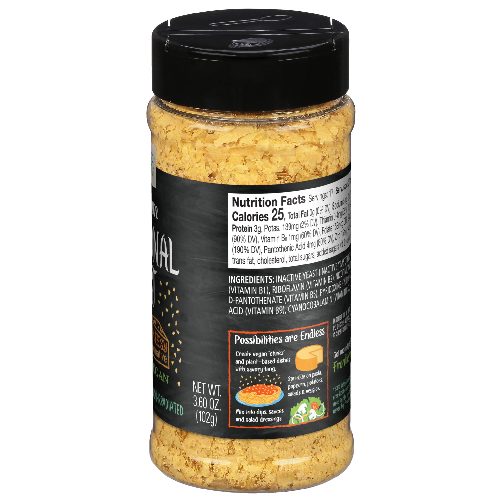 Frontier Co-op Premium Nutritional Yeast Flakes, 3.6 oz. - Vegan, Gluten-Free, Kosher, Non-Irradiated Seasoning, Dairy-Free Cheese Flavor, Rich in B