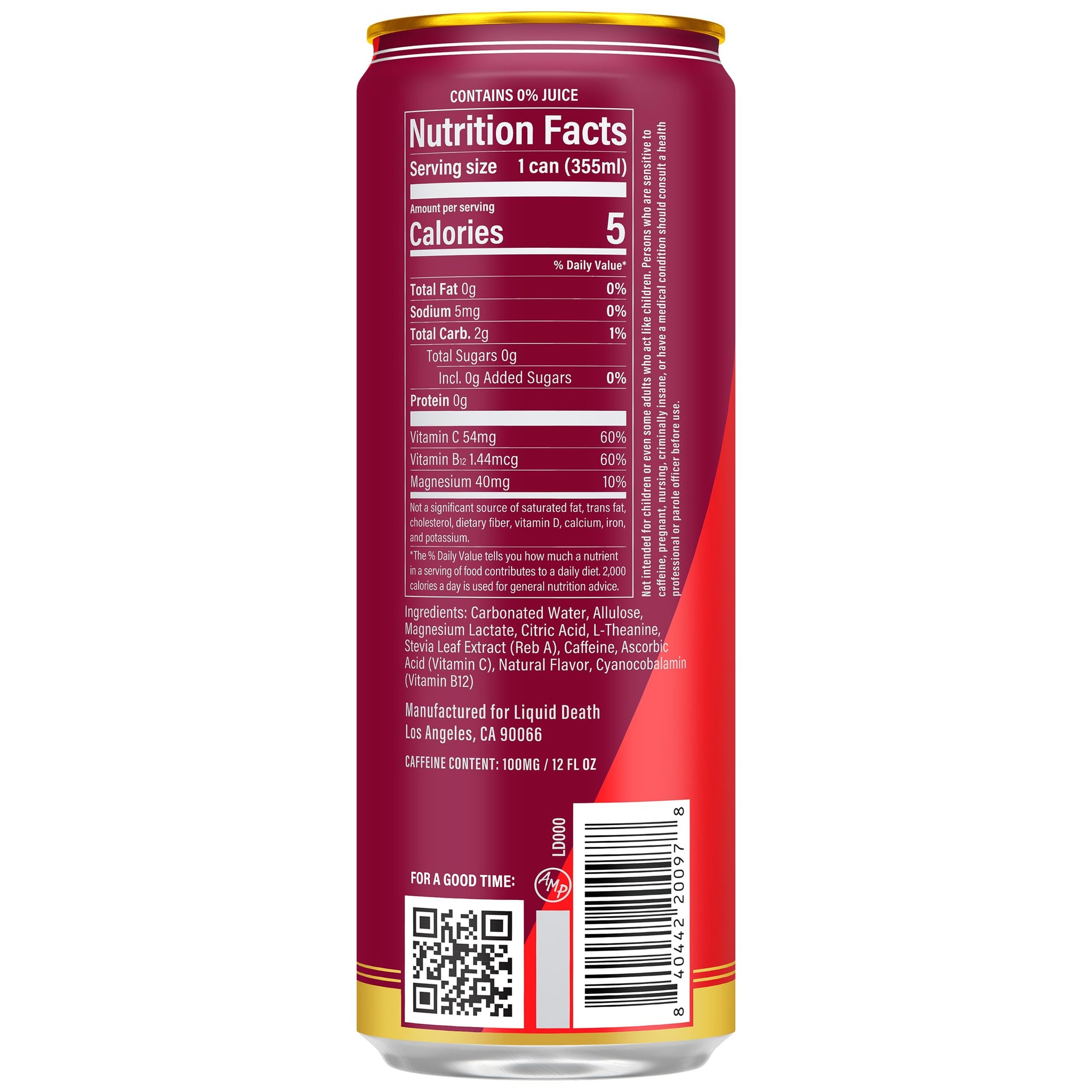 Liquid Death Sparkling Energy - Murder Mystery (Cherry, Cream, Spice), Zero Sugar Energy Drink, Unextreme Caffeine 100mg, Essential Vitamins, 12 Fl Oz