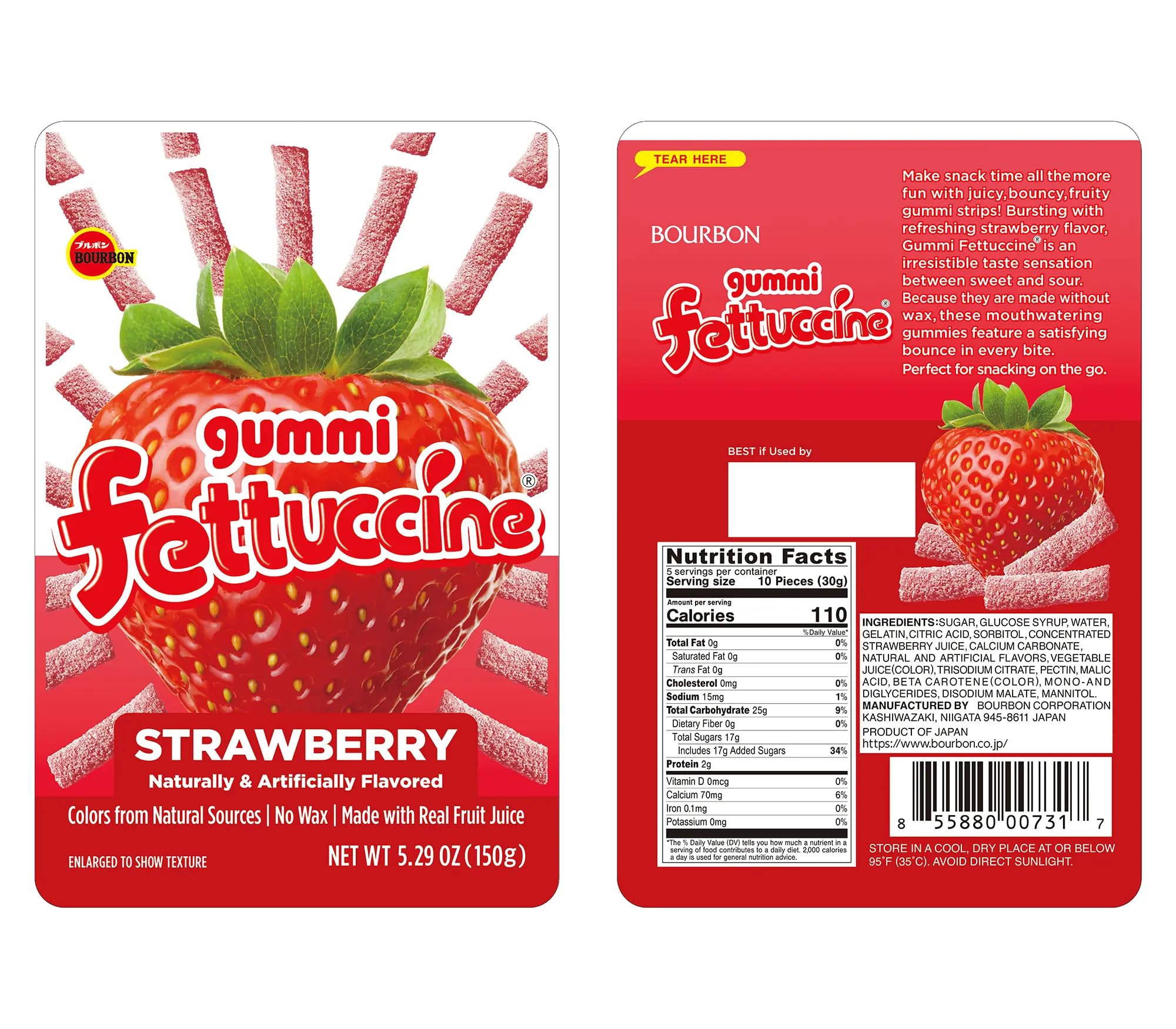 Bourbon Fettuccine Gummi Strawberry 6 -Pack - Japanese Tangy & Chewy Gummy Strips with Real Fruit Juice Share Size (5.29 OZ)