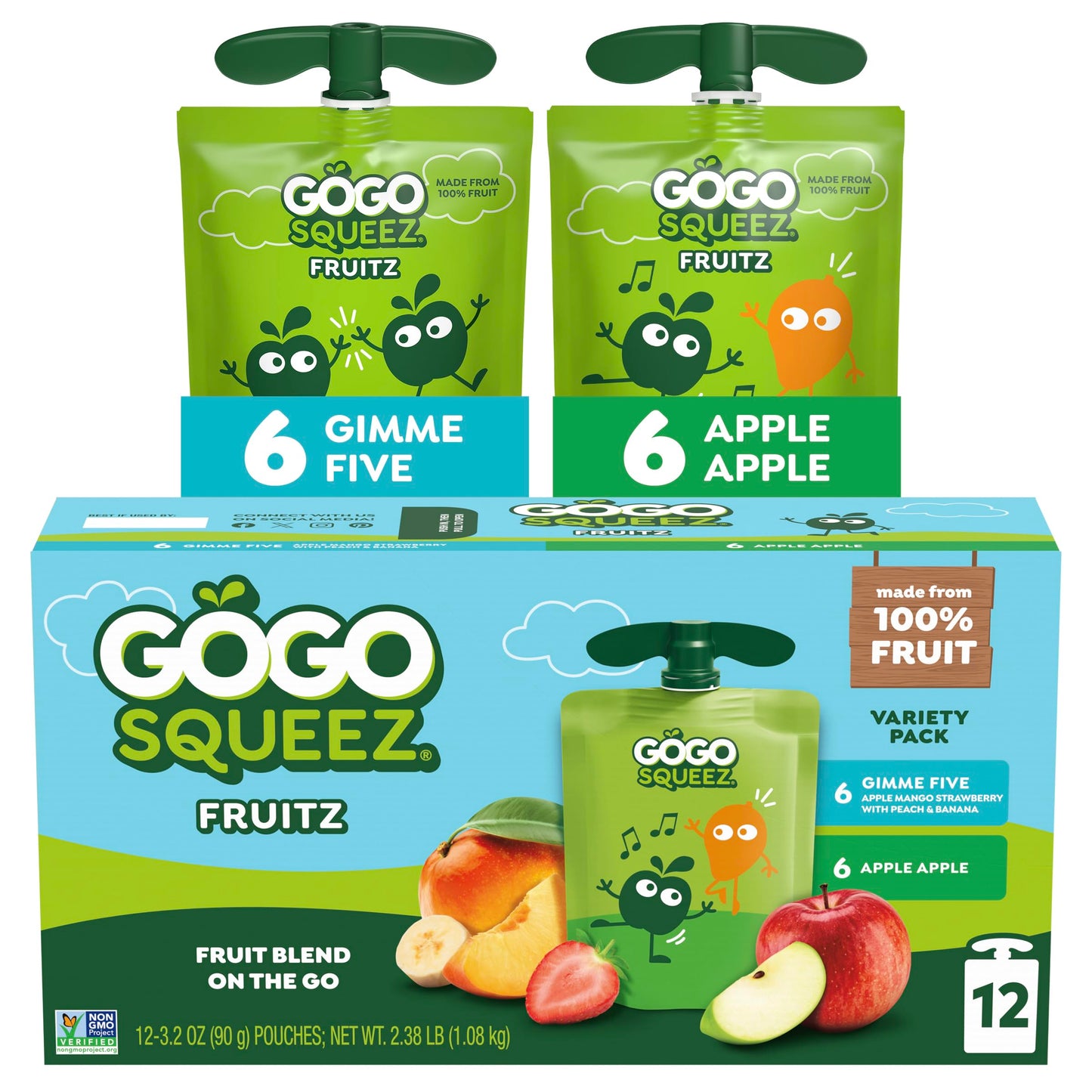 GoGo squeeZ Applesauce and Fruit Puree Variety Pack, Apple & Gimme Five!, 3.2 oz (Pack of 12), Unsweetened Fruit Snacks for Kids, Gluten Free, Nut