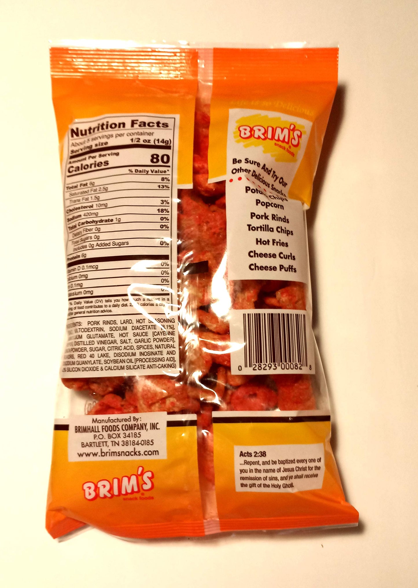 Brim's Red Hot Flavored Fried Pork Rinds (2 Pack) 2.6 oz bag each