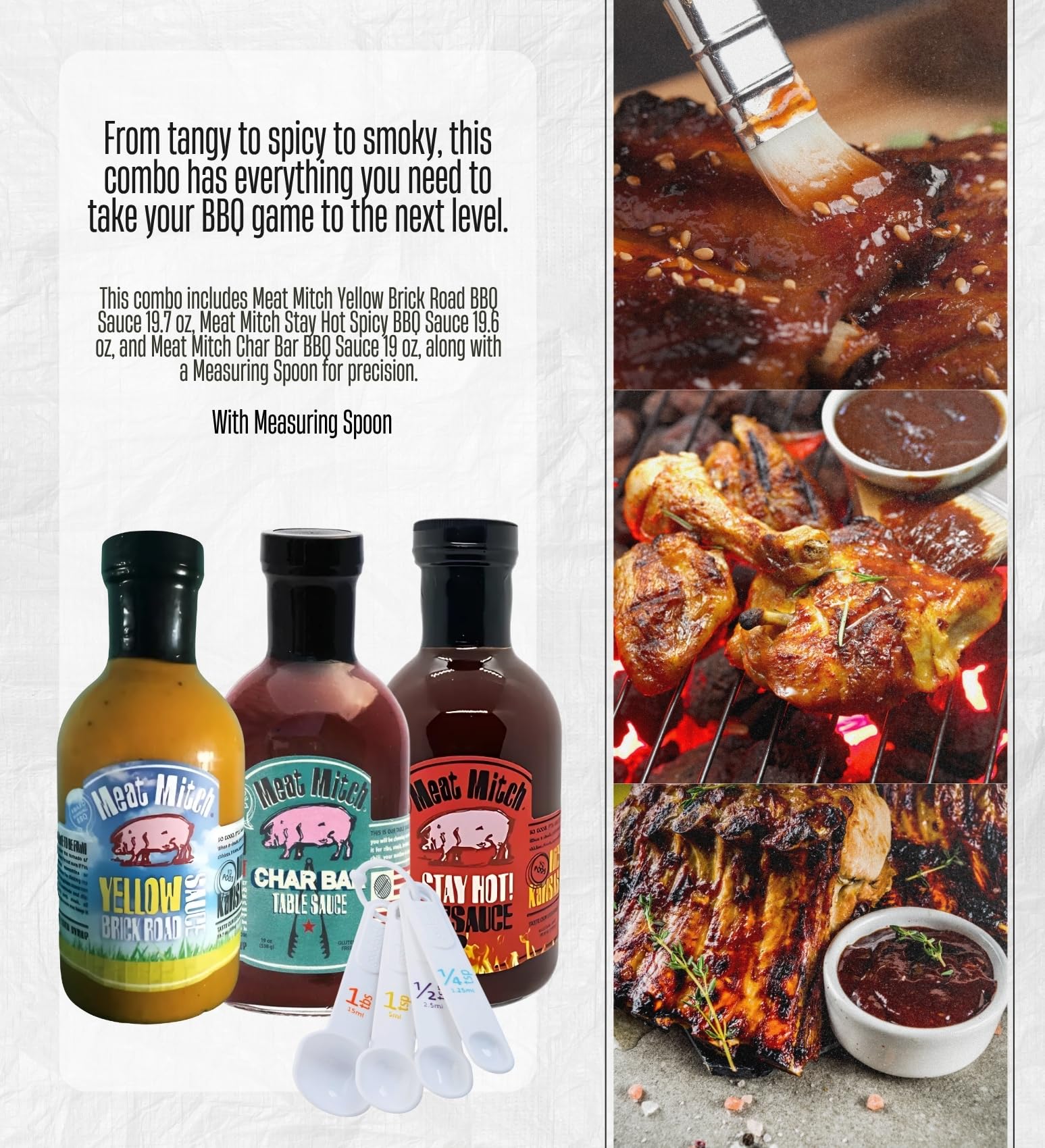 Meat Mitch Yellow Brick Road 19.7 oz + Stay Hot Spicy 19.6 oz + Char Bar BBQ Sauce 19 ounce Bundle with Measuring Spoon - 3 Flavor Variety: Sweet