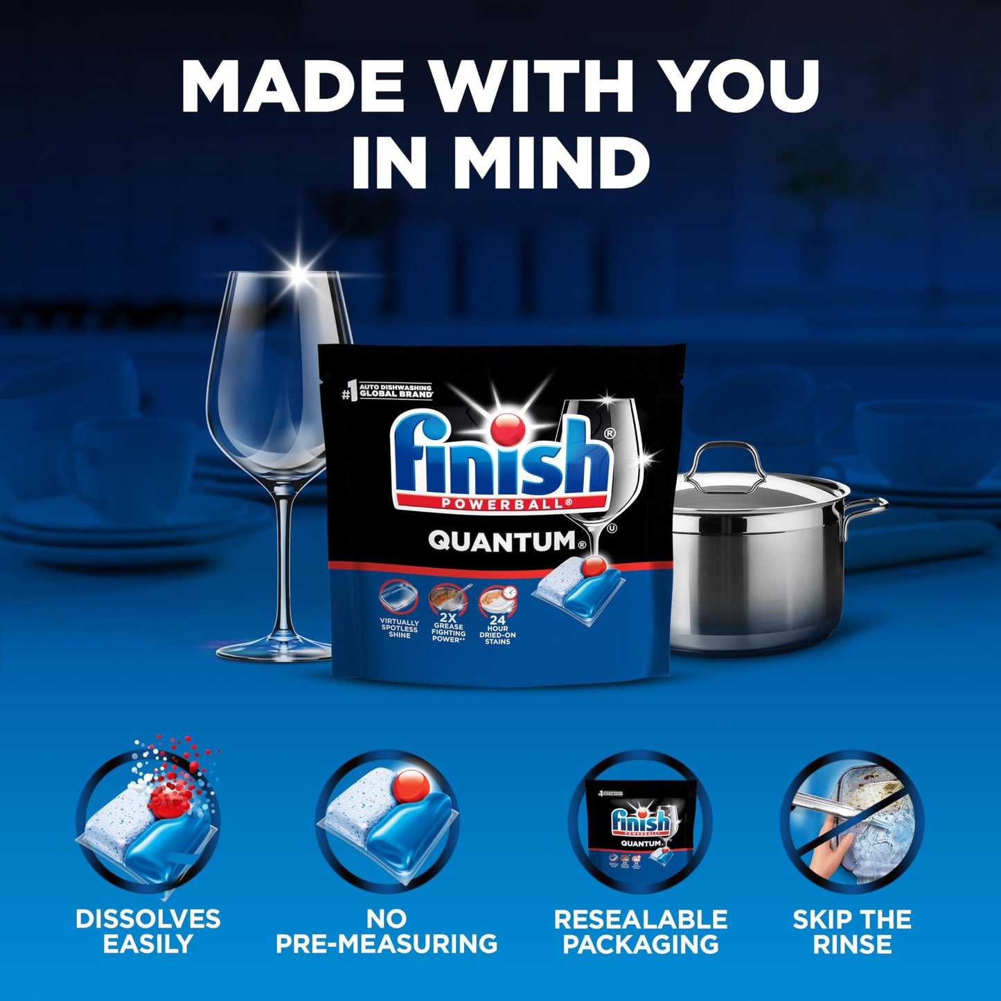 Finish Quantum Dishwasher Pods, No Pre-Rinse Dishwasher Detergent Soap Removes 24HR Dried-On Stain and Grease, Leaving a Virtually Spotless Shine, 100