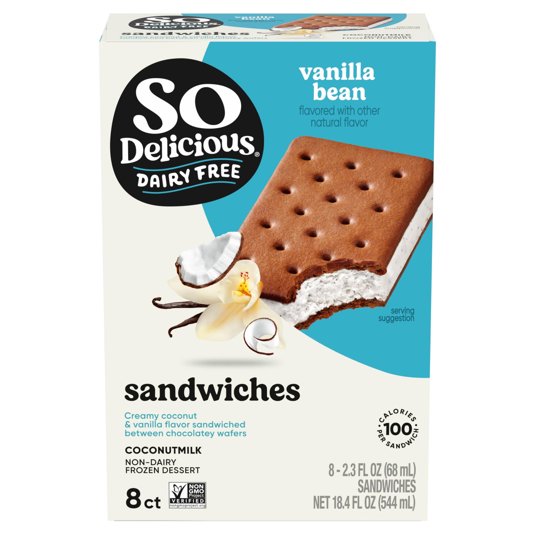 So Delicious Dairy Free Coconut Milk Frozen Dessert Sandwich, Vanilla Bean, Vegan, Non-GMO Project Verified, 8 Pack