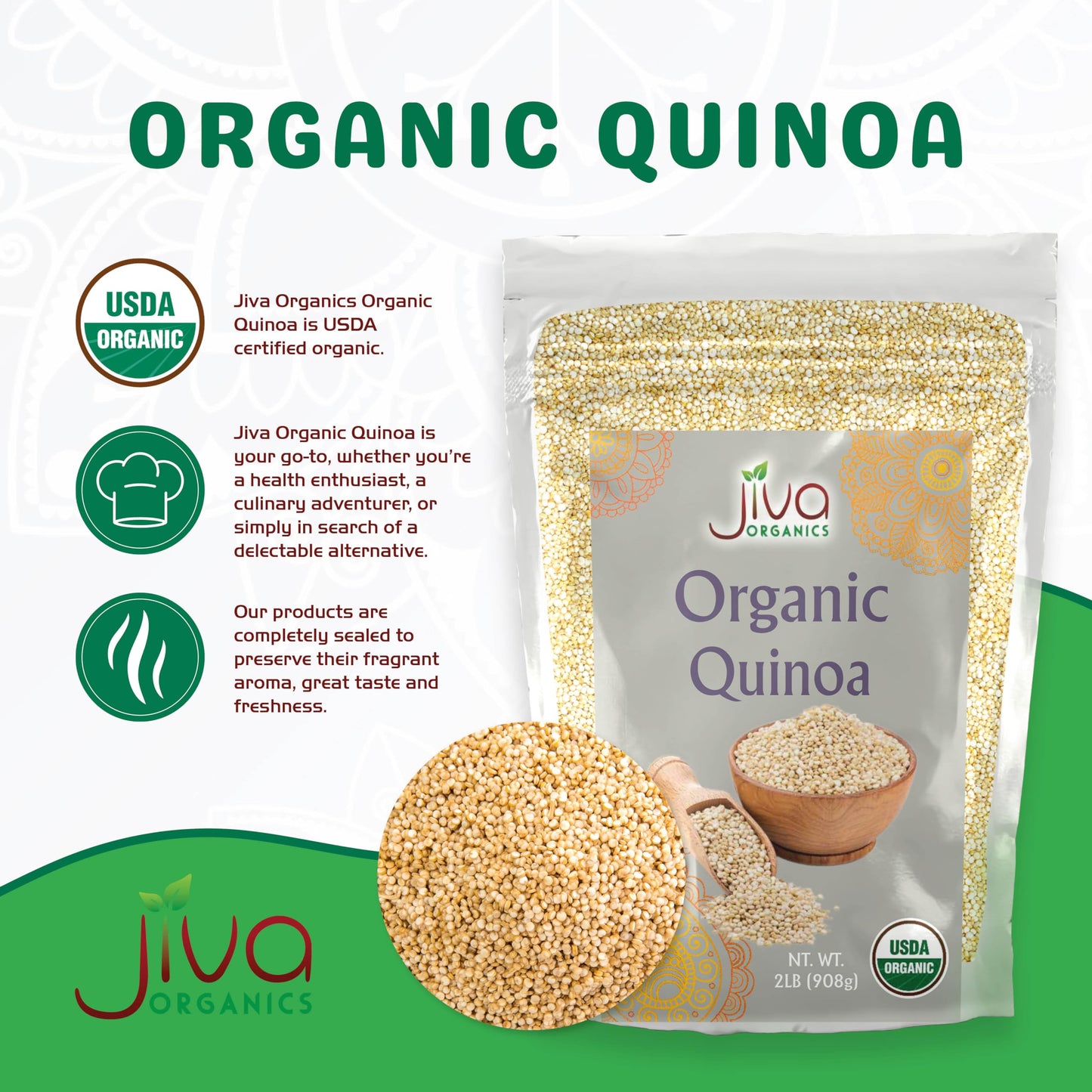 Jiva Organic White Whole Grain Quinoa 2 Pound Vacuum Sealed Bag - Ready to cook, Grown in India