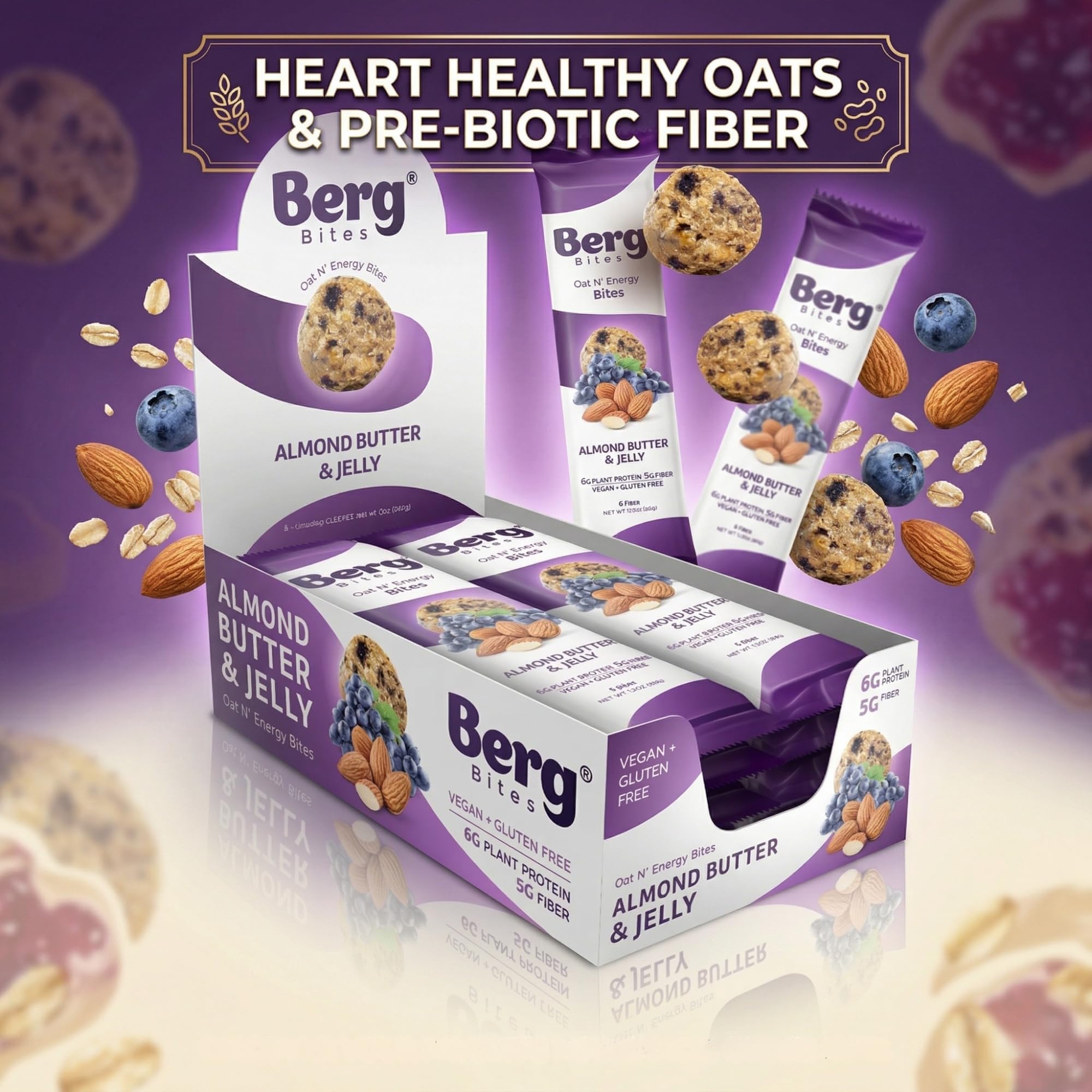 Berg Bites Plant-Based Almond Butter & Jelly Bites, Vegan, Gluten-Free, 6g Protein, 5g Fiber, Energy Snack Box - Clean Energy Healthy Snack Bar