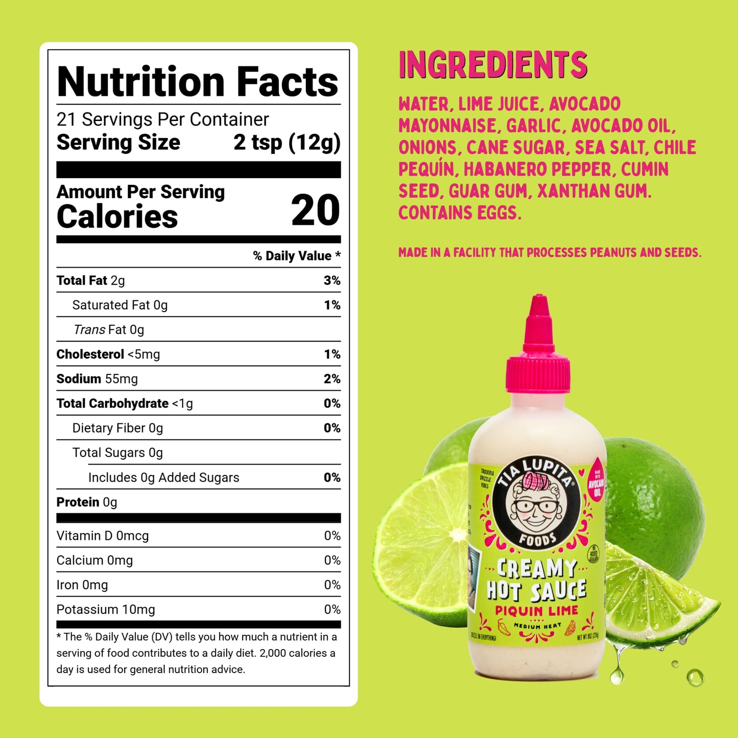 Tia Lupita Creamy Hot Sauce Piquin Lime | Gluten-Free, Non Dairy Made with Avocado Oil, No Added Sugar | 8 Ounce Squeeze Bottle (Pack of 2)