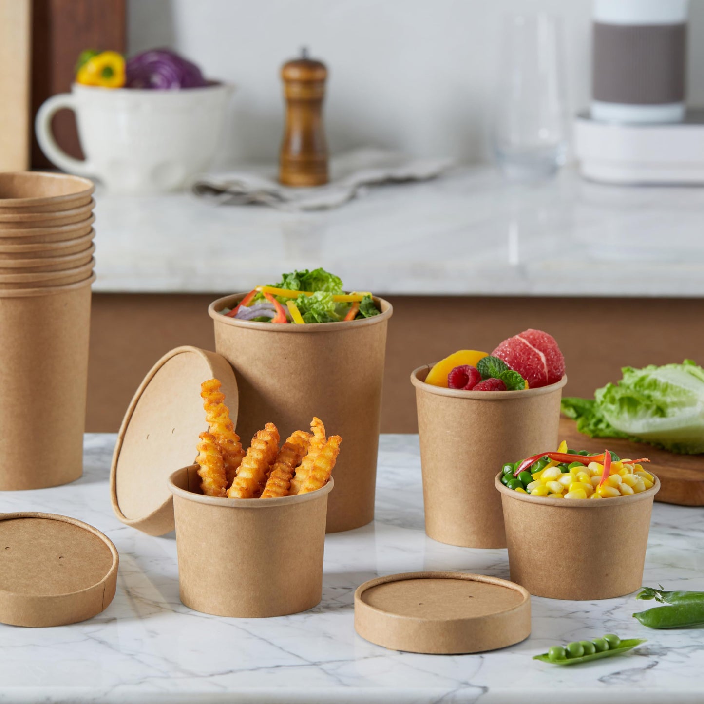 DealbyBox Disposable Kraft Paper Soup Cups with Lids, Paper Food Containers, Ice Cream Cups, To Go Bowls for Hot and Cold Food Combo Pack (250 Sets)
