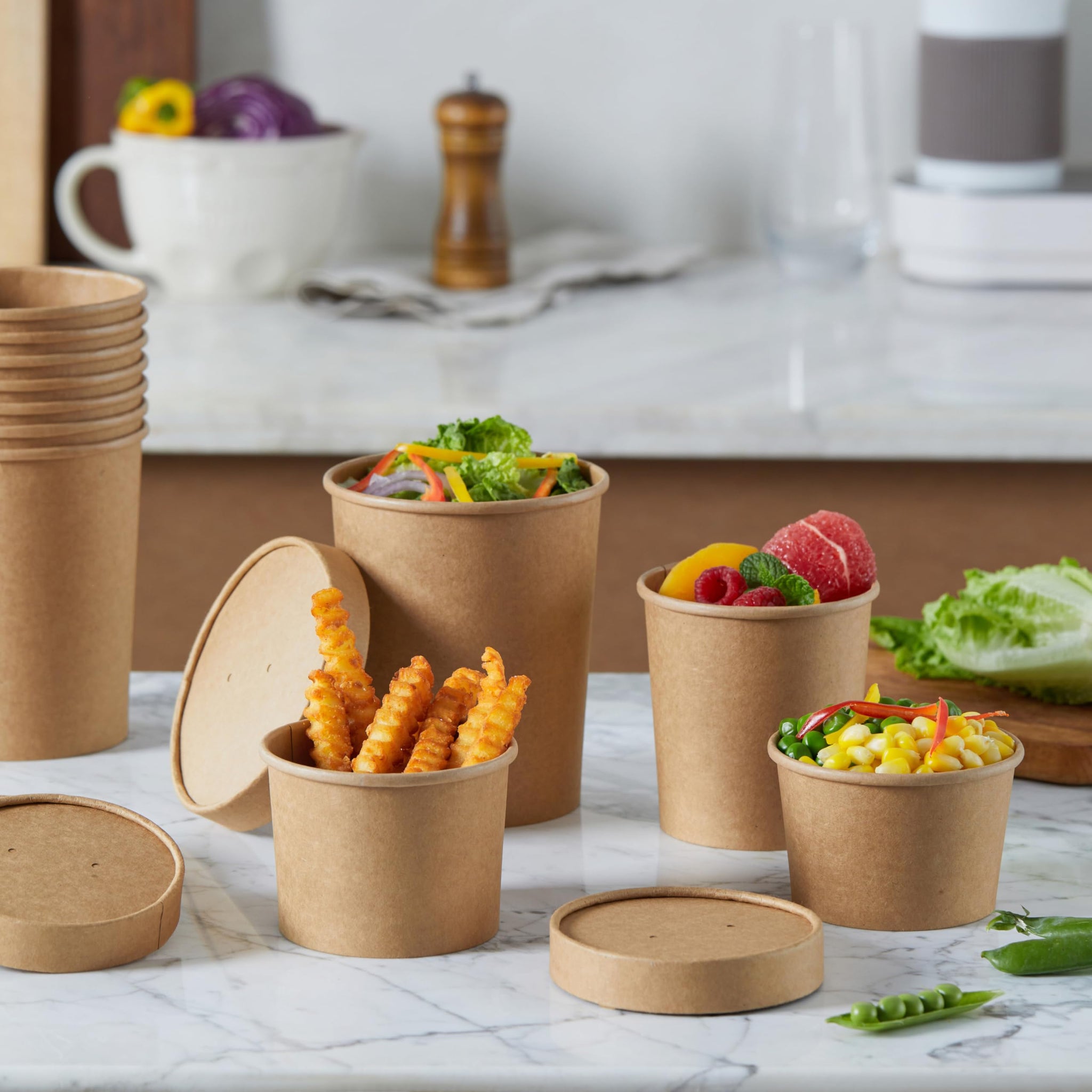DealbyBox Disposable Kraft Paper Soup Cups with Lids, Paper Food Containers, Ice Cream Cups, To Go Bowls for Hot and Cold Food Combo Pack (250 Sets)