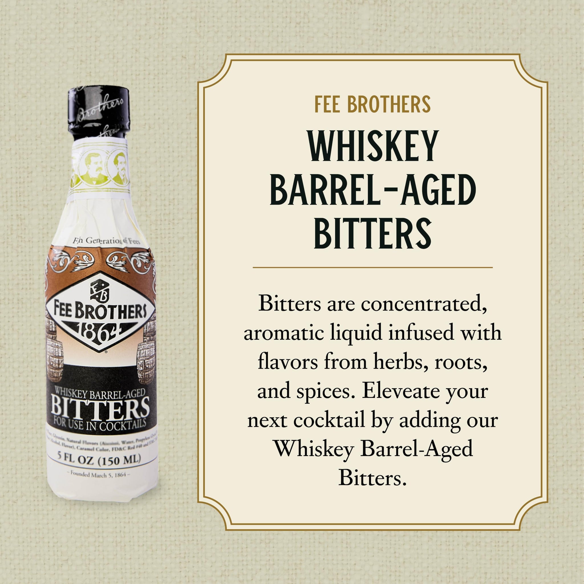 Fee Brothers Whiskey Barrel-Aged Cocktail Bitters - Aromatic Cocktail Mixer & Concentrated Flavoring, Gluten Free, Vegan-Friendly, 5 fl oz