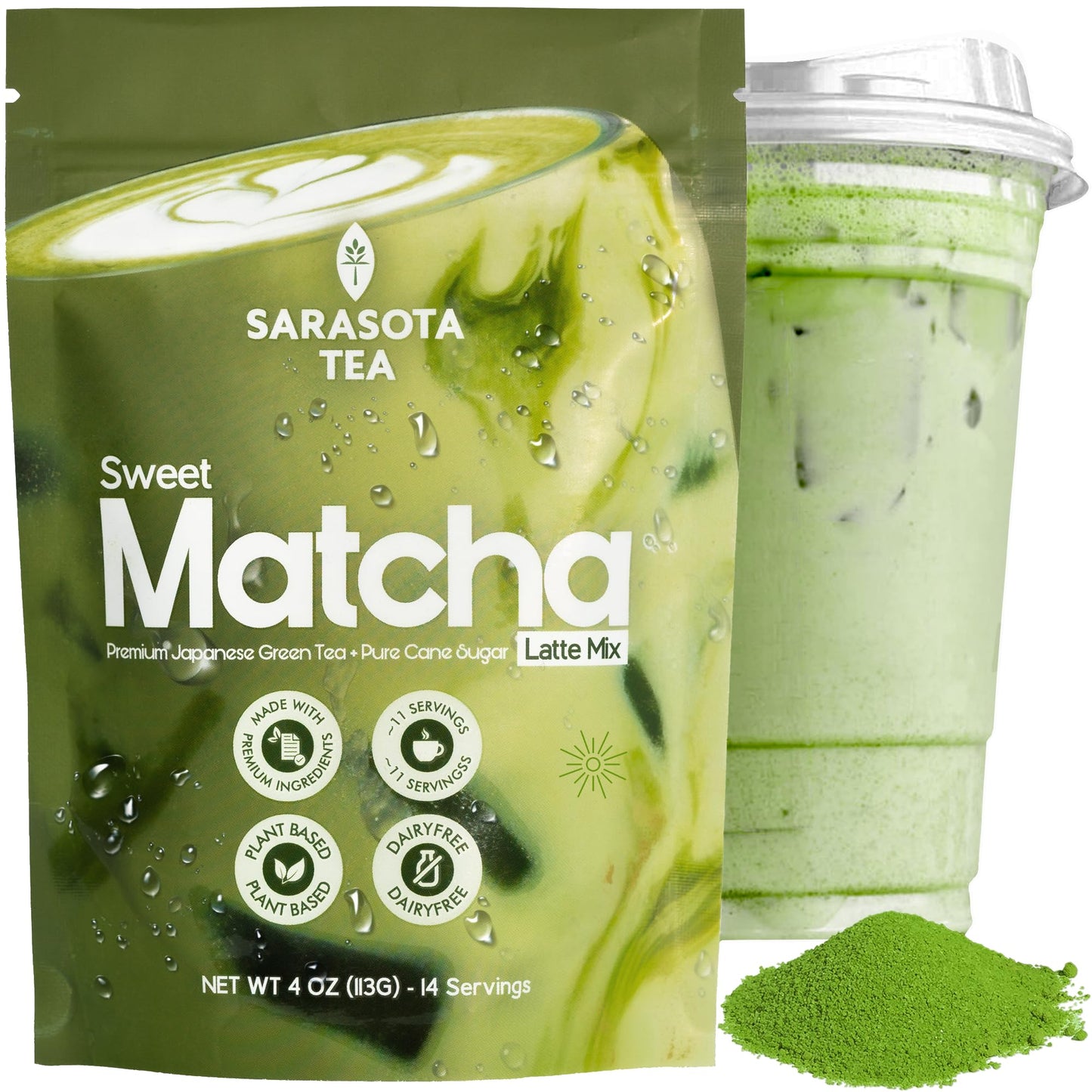 Sweetened Matcha Latte Mix, 4 oz, Matcha Green Tea Powder with Cane Sugar, Hot or Iced Matcha Latte Drink Mix, Resealable Bag