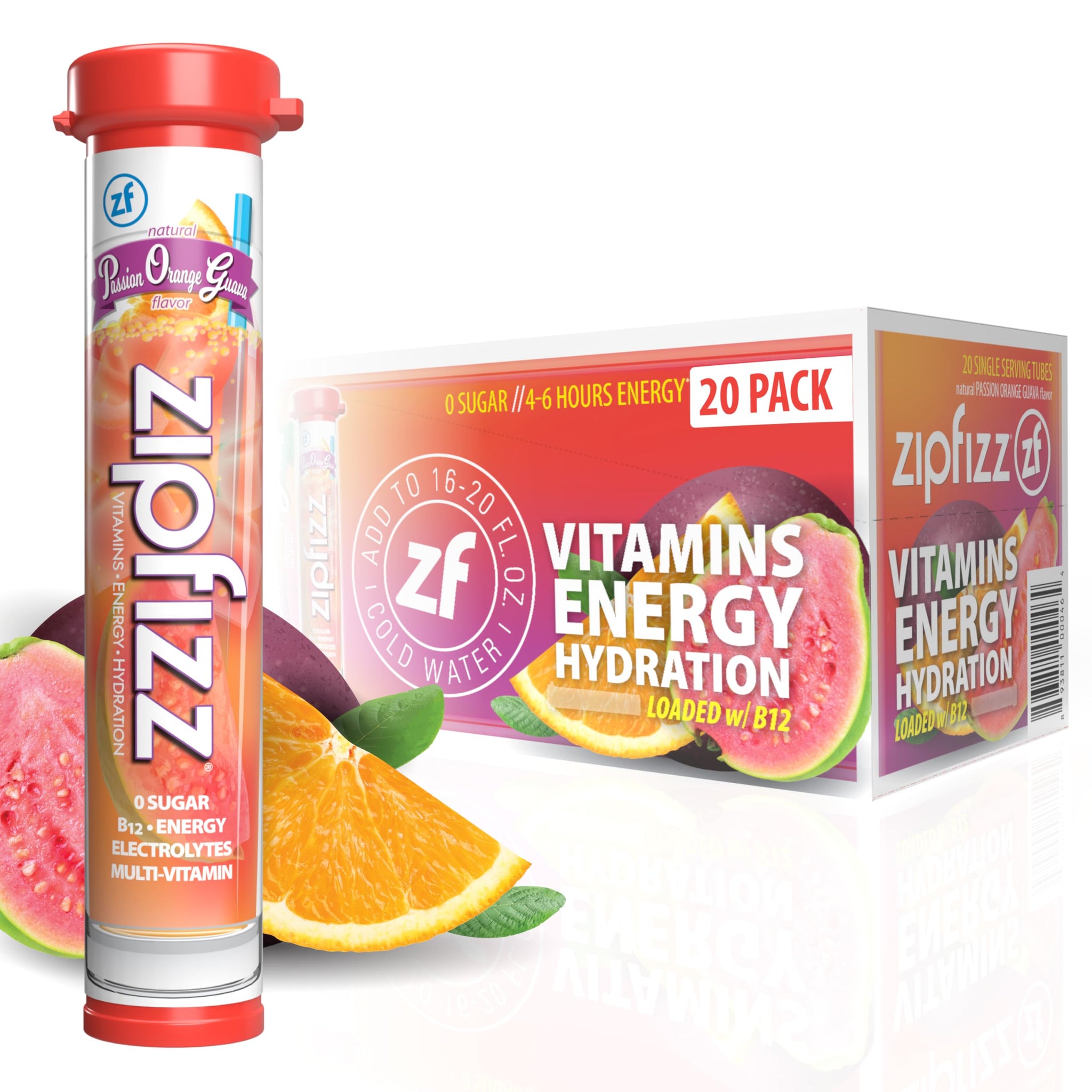 Zipfizz Daily Energy Drink Powder, Passion Orange Guava, 20 Pack | 3-in-1 Sustained Energy, Rapid Hydration, and Essential Vitamins | Sugar-Free |