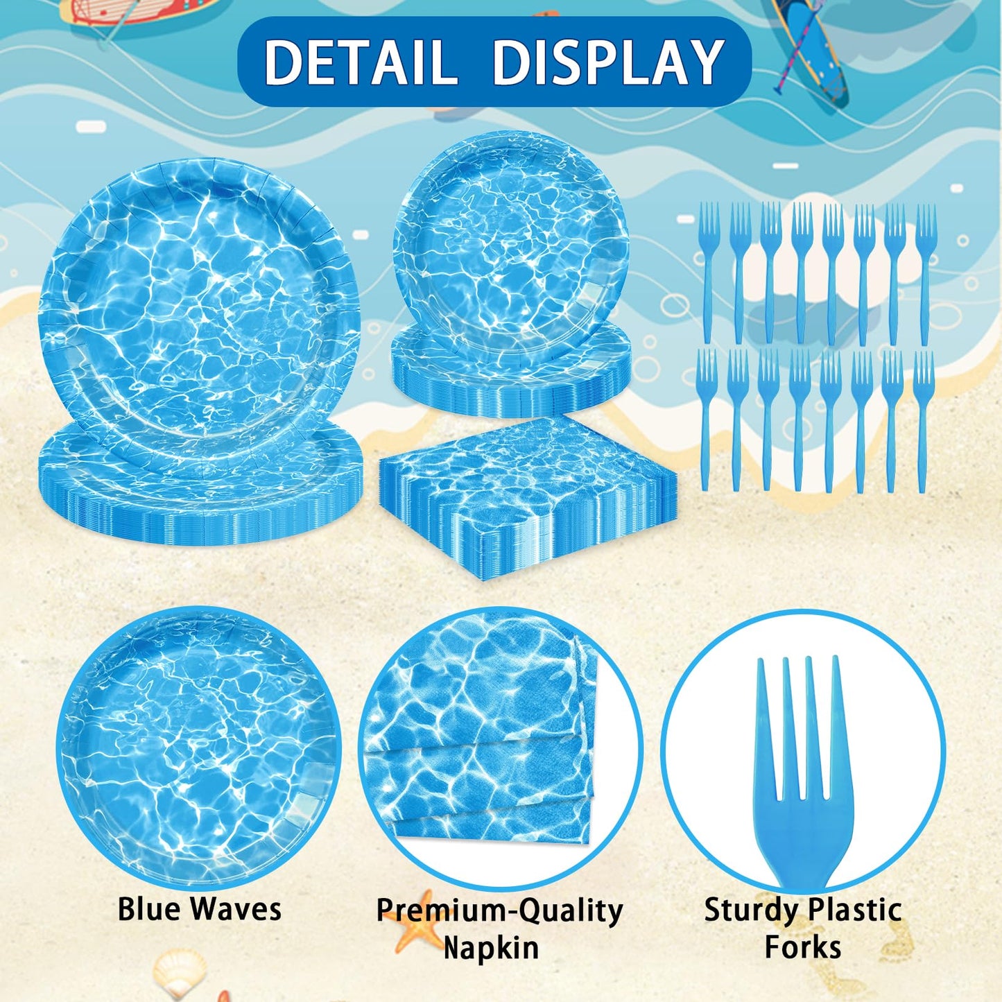 96 Pieces Ocean Wave Tableware Set Party Supplies - Water Pattern Themed Disposable Dinnerware with Paper Plates, Napkins, and Forks for Pool Parties