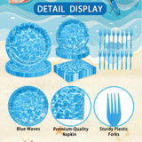 96 Pieces Ocean Wave Tableware Set Party Supplies - Water Pattern Themed Disposable Dinnerware with Paper Plates, Napkins, and Forks for Pool Parties