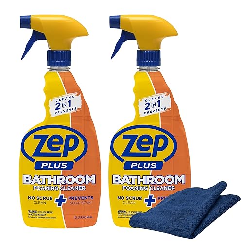 Zep Plus Bathroom Foaming Cleaner 32 oz (2 Units) with a Blue Microfiber Rag ECBD021 - Fight Soap Scum and Hard Water with our powerful Bathroom