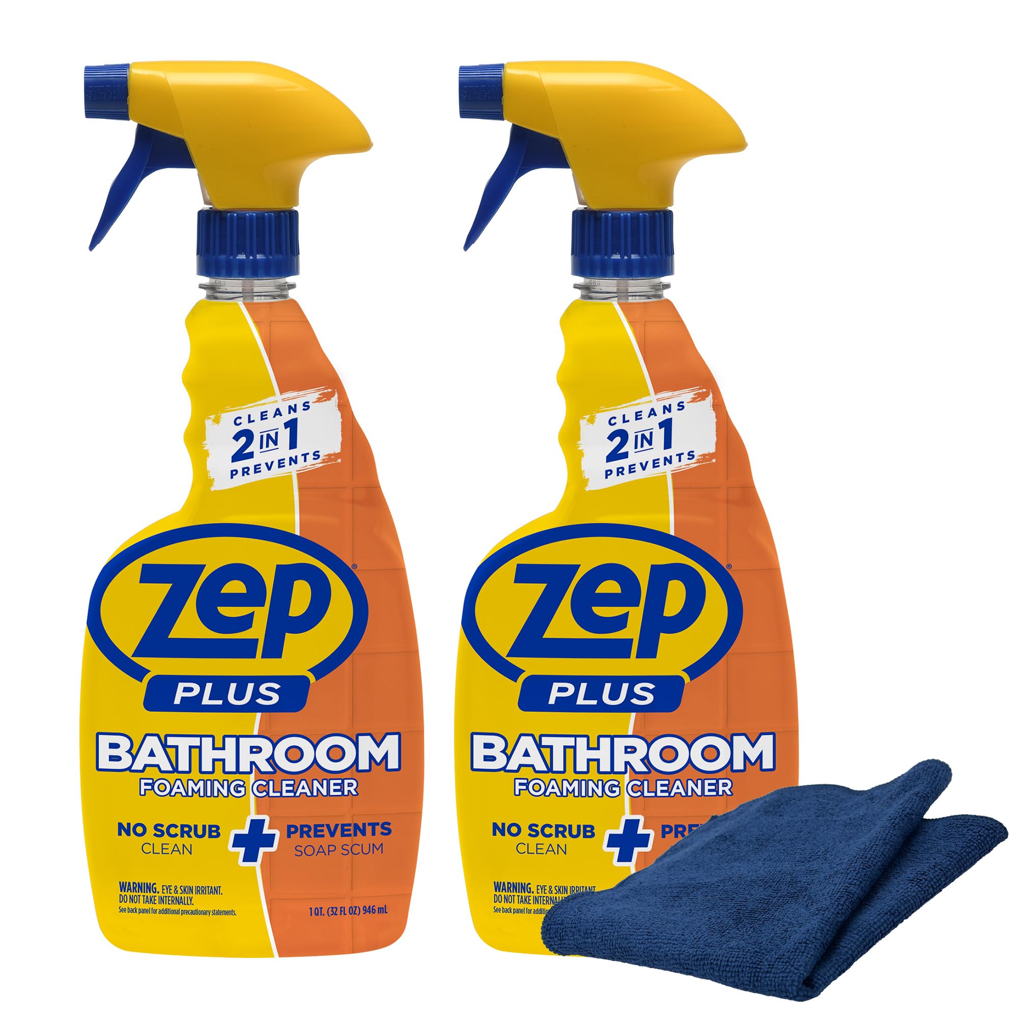 Zep Plus Bathroom Foaming Cleaner 32 oz (2 Units) with a Blue Microfiber Rag ECBD021 - Fight Soap Scum and Hard Water with our powerful Bathroom