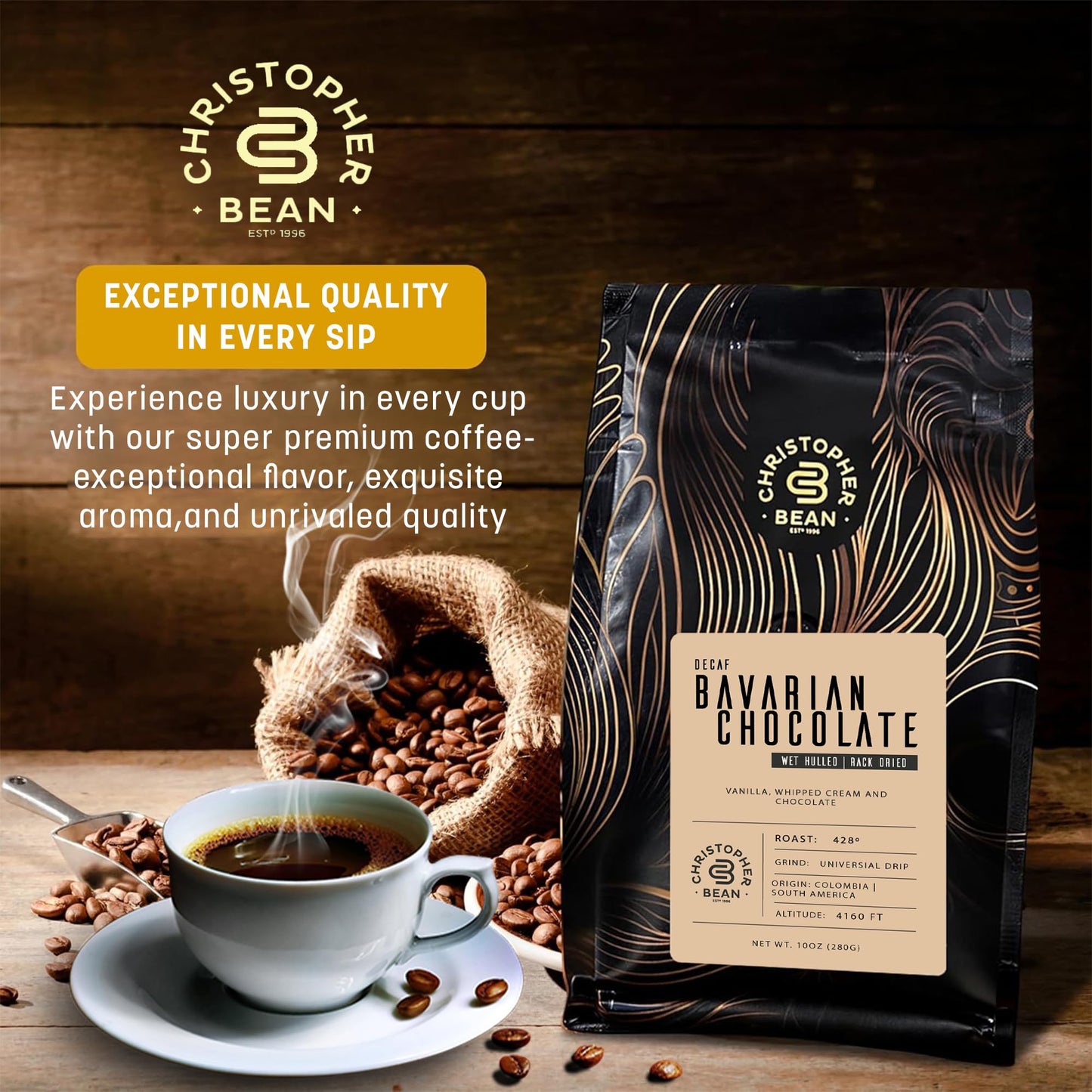 Christopher Bean Coffee - Certified Kosher - Decaf Ground Universal Drip Bavarian Chocolate Flavored Coffee | Bavarian Chocolate Coffee Flavor